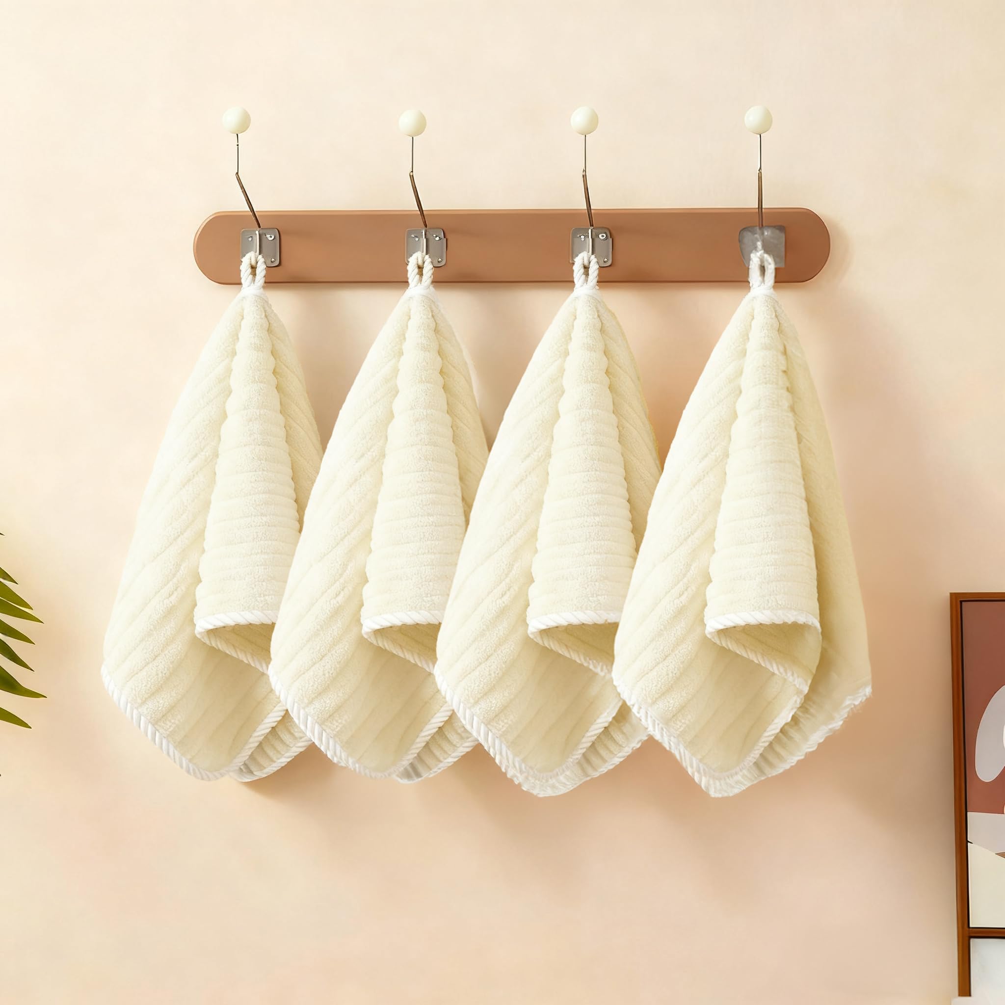 2Pcs Coral Velvet Towel Candy Stripes Thickened Absorbent Soft Quick-Drying Towel Household Bathroom Kitchen Supplies Beige 25 25cm