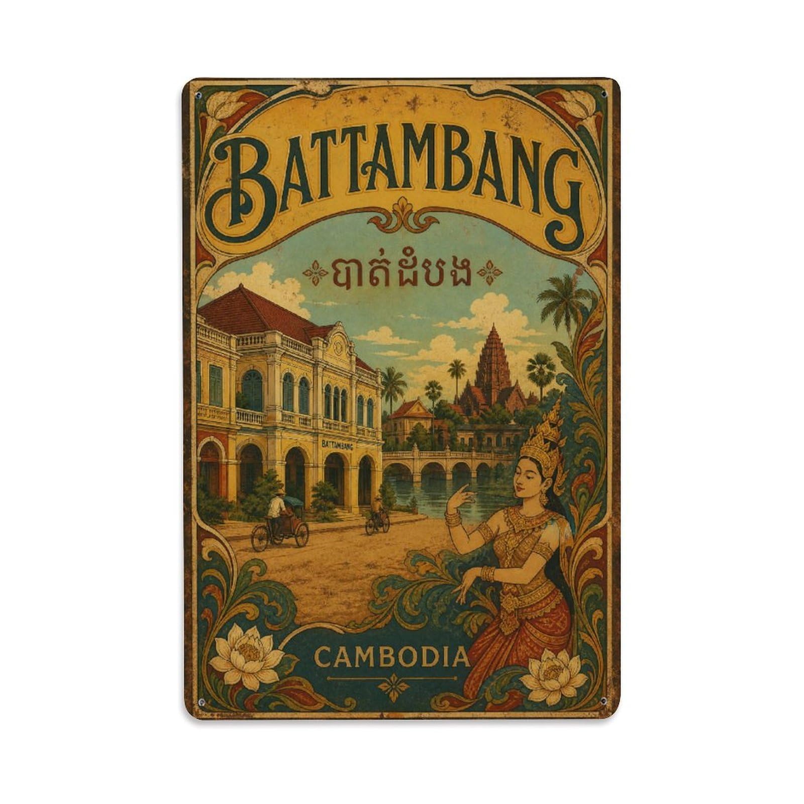 Metal Tin Sign Vintage Travel Cambodia Battambang