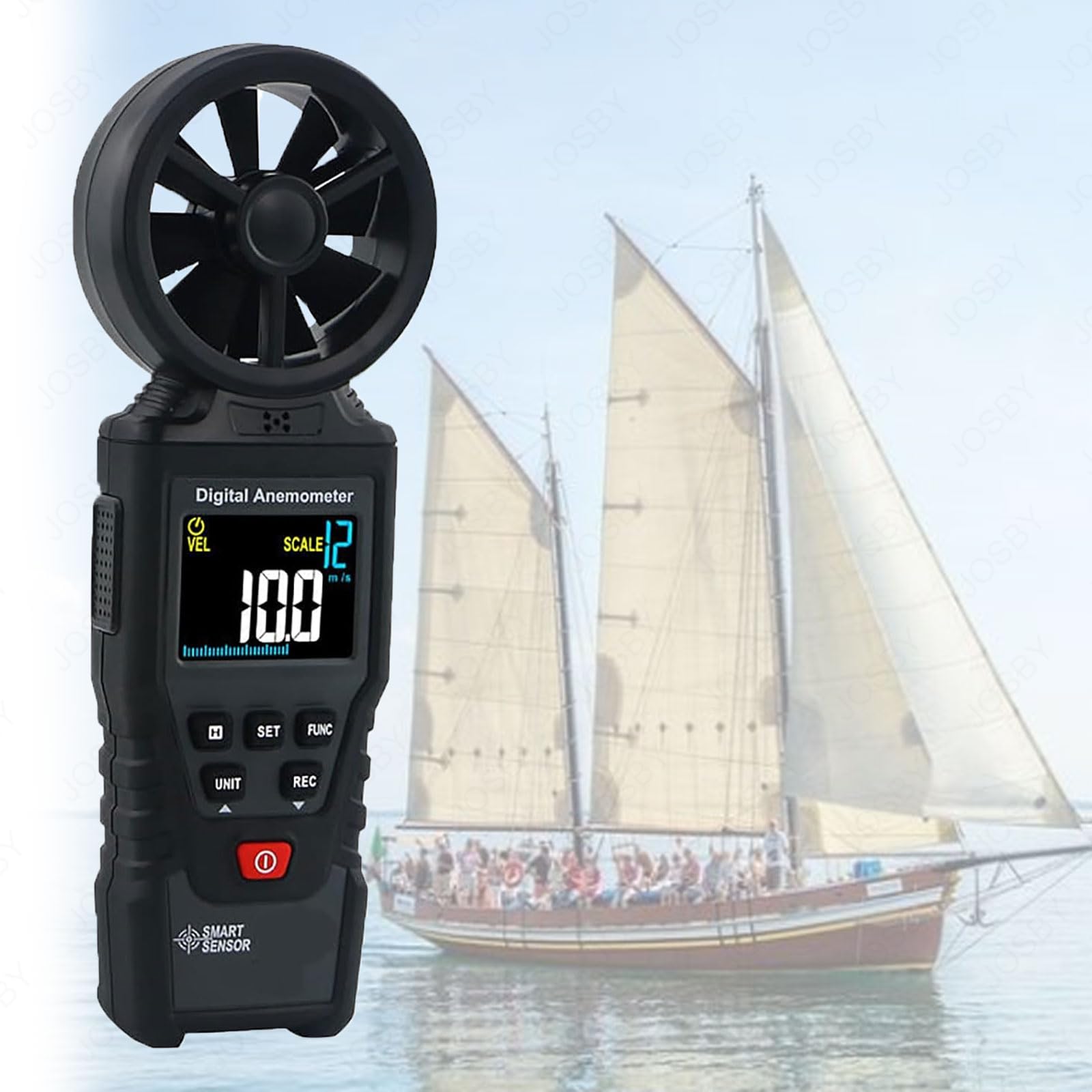 JOSBY Anemómetro con Pantalla Digital LCD, medidor de Flujo de Aire para medir la Velocidad del Viento, la Temperatura y la sensación térmica, Tiempo de muestreo de 0,5 s/Pieza, para Volar y Escalar