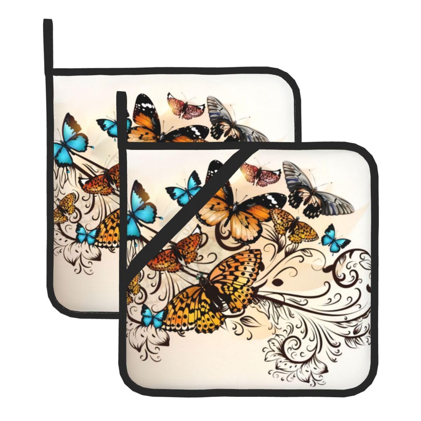 YYHWHJDE Butterflies Prints Square Hot Pads for Kitchen Counter - Waterproof Pot Holders with Hanging Loop, Durable Trivets for Microwave Oven - 2 Pack