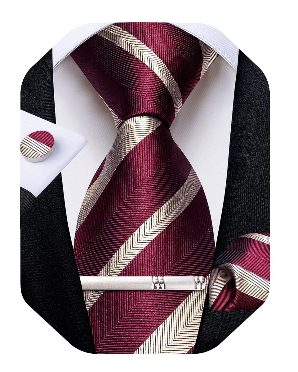 DiBanGu Mens Striped Tie Silk Woven Necktie and Pocket Square Cufflinks Tie Clip Set Wedding Business Formal Gift Tie for Men