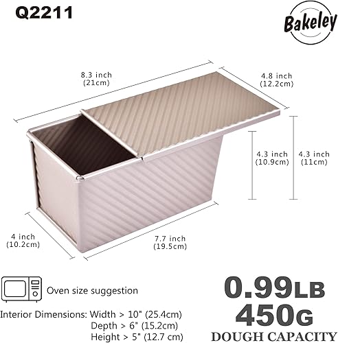 Miniatura 2 de Molde antiadherente para pan Pullman con tapa, 450g Rectángulo ondulado para hornear en el horno, capacidad para masa 21,1 x 12,2 x 10,9 cm (Oro