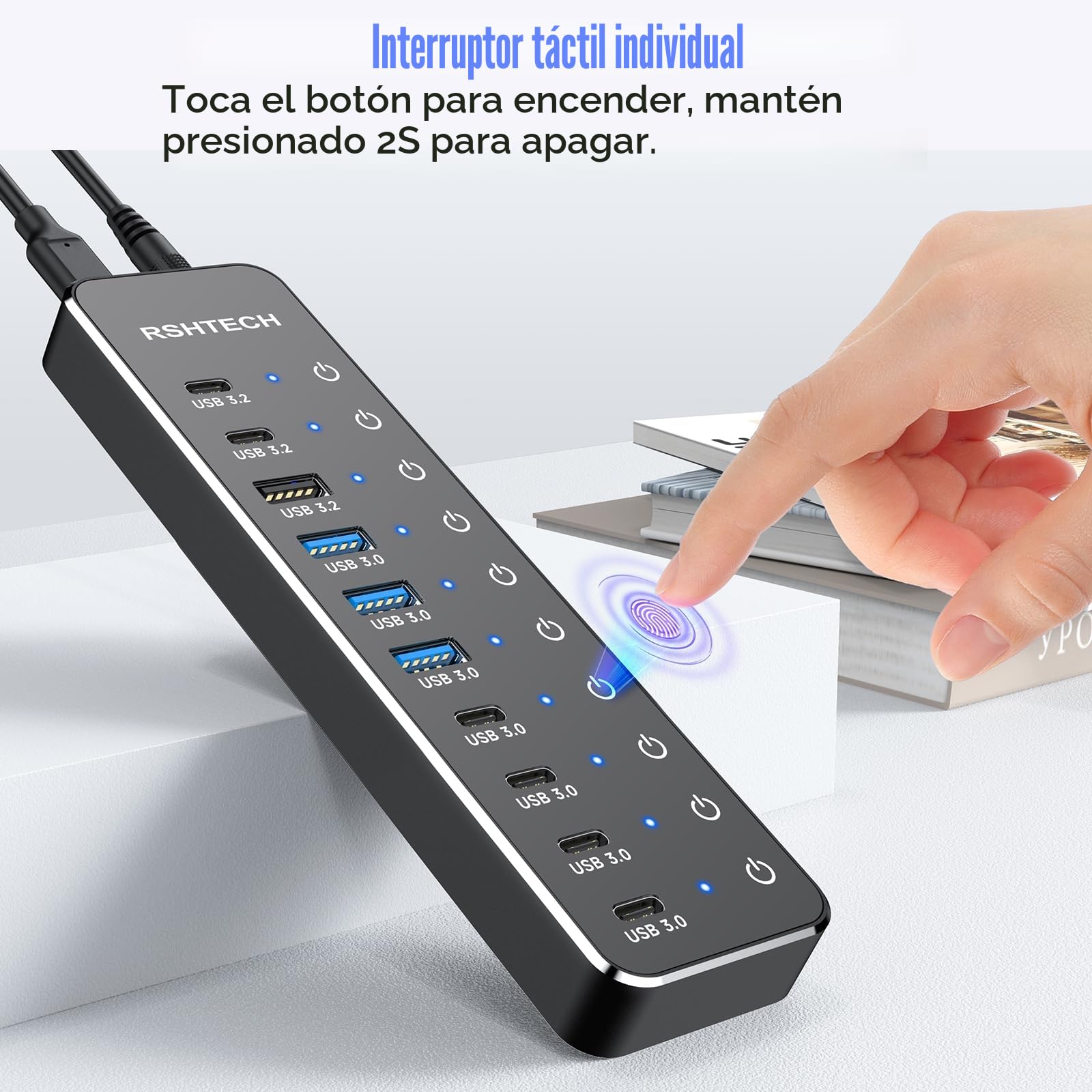 Hub USB Alimentado, RSHTECH 10 Puertos Hub USB 3.2/USB C con 3X 10Gbps Data Port (2C+1A), 7X 5Gbps 3.0 Ports (4C+3A), Alimentación 12V/5A 60W, Interruptores Individuales USB HUB, RSH-ST10C-6