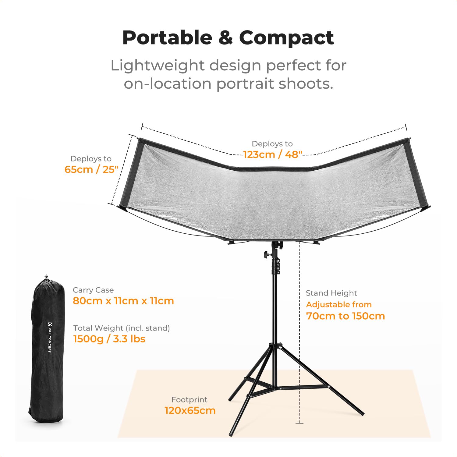 K&F CONCEPT Dyfuzor odblaskowy z klapką 120 x 65 cm z torbą | Fotografia zakrzywiony reflektor oświetleniowy do fotografii studyjnej, czarny/biały/złoty/srebrny kolory LE10