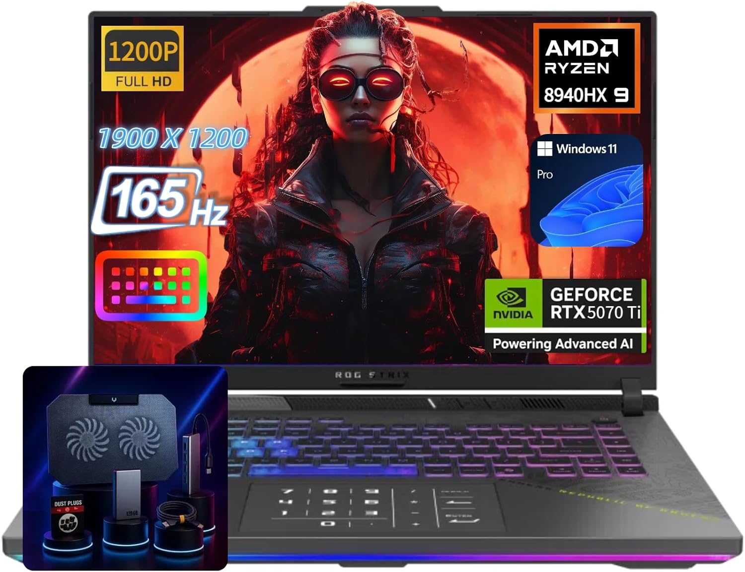 ASUS ROG Strix G16 Gaming Laptop - NVIDIA GeForce RTX 5070 Ti, AMD Ryzen 9 8940HX (up to 5.2 GHz),16" 165Hz FHD+, Win11 Pro, Backlit KB, Wi-Fi 6E, w/Accessoires (64GB DDR5 RAM, 4TB SSD)