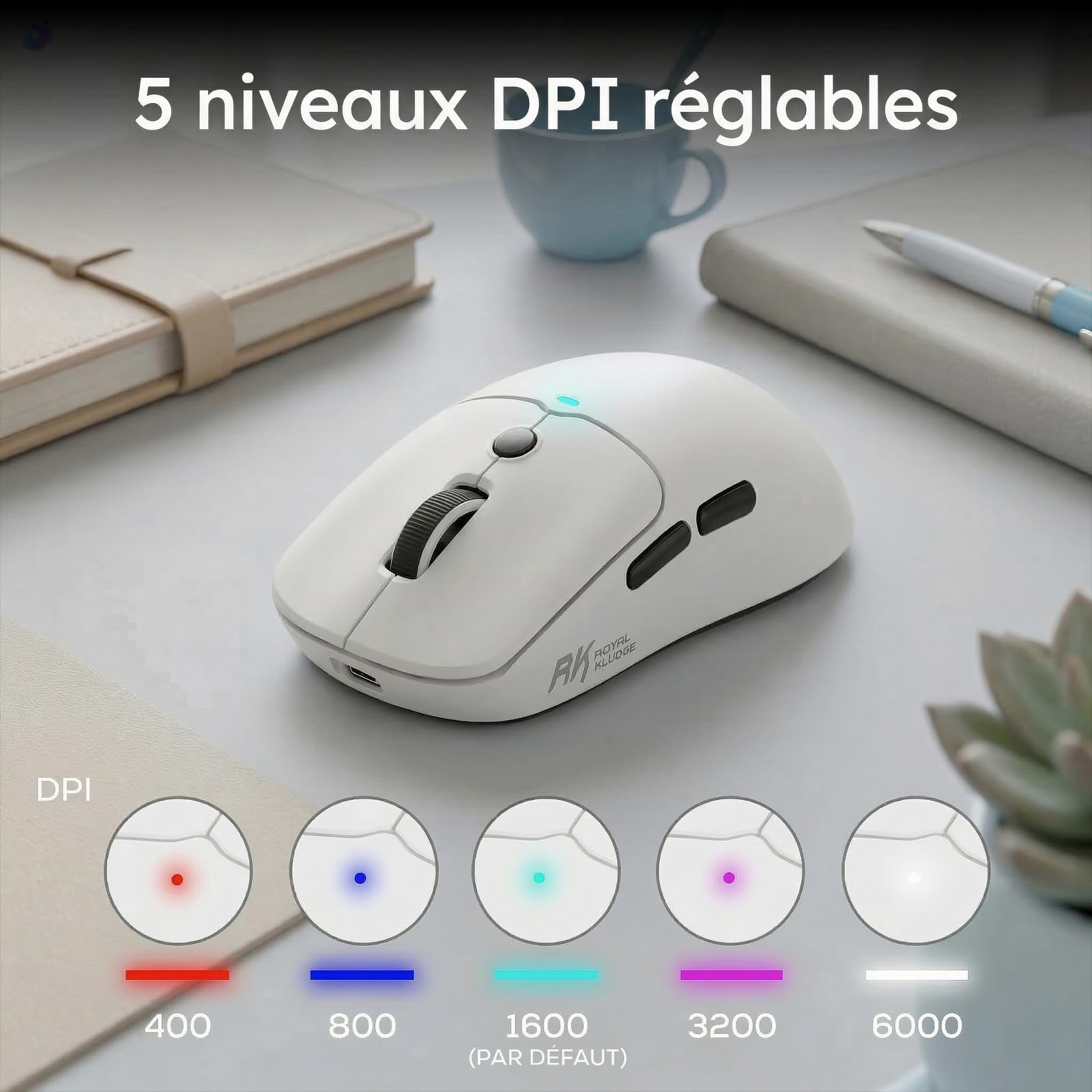 RK ROYAL KLUDGE MO1 Souris Gamer, Ultra-Légère 51g, 6 Boutons Programmables, Connexion 2.4GHz/Bluetooth/Filaire, Capteur Optique 6000 DPI, Blanc