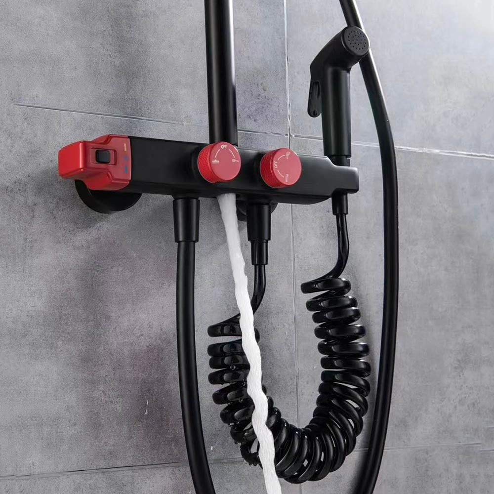 Sistema Doccia a Pioggia, Set Miscelatore Nero e Rosso, Rubinetto per Vasca a Parete con soffione, doccetta per Vasca, Bidet e doccetta combinata