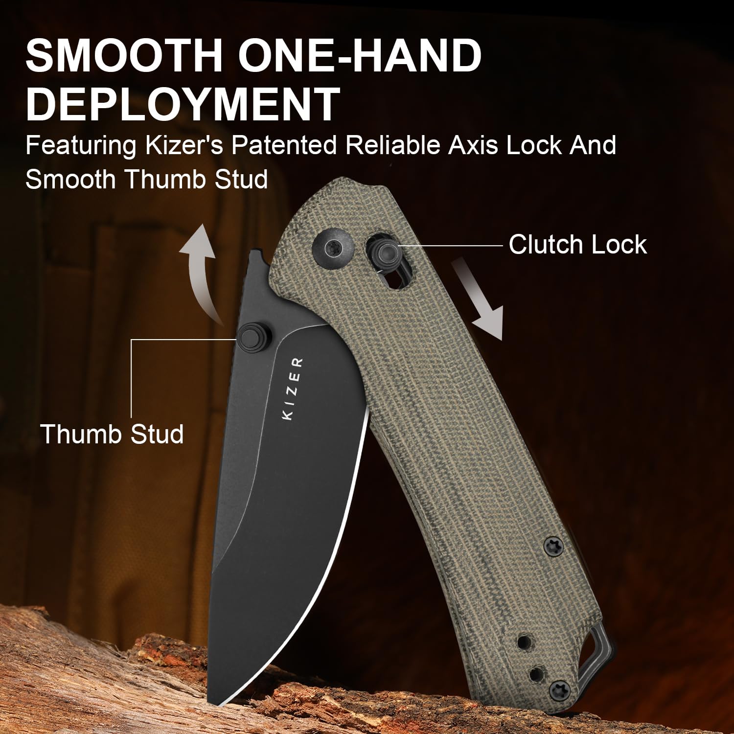 Kizer T1 CD EDC Taschenmesser, 8 cm Drop Point Klappmesser aus Nitro V Stahl mit Micarta Griff, EDC Messer für Camping, Wandern und Angeln V3490.2CA1