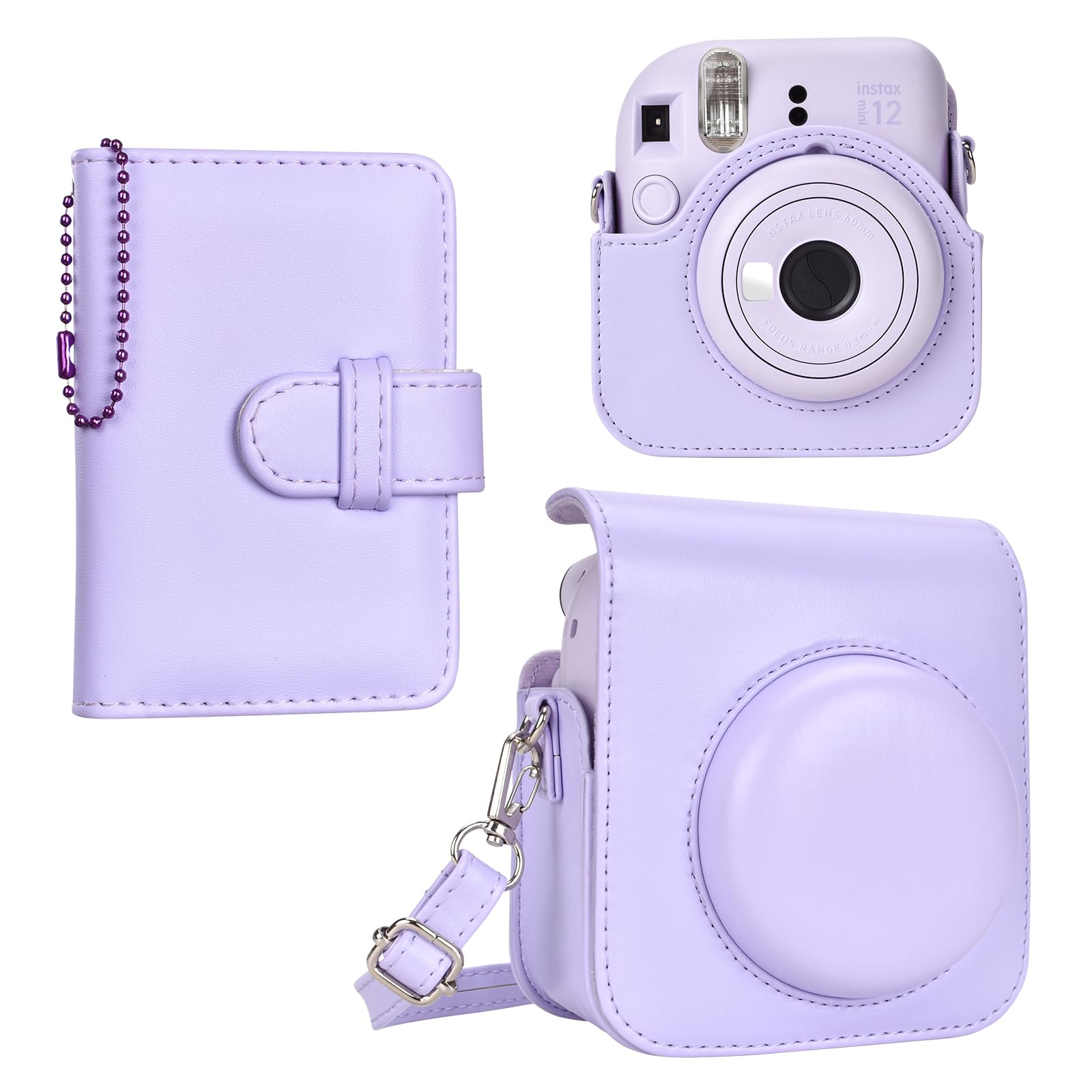 Estuche para cámara instantánea Compatible con Instax Mini 12, Bolsa de Cuero PU con Bolsillo, Correa Ajustable para el Hombro y Mini álbum de Fotos con 28 Bolsillos (Morada Puro)