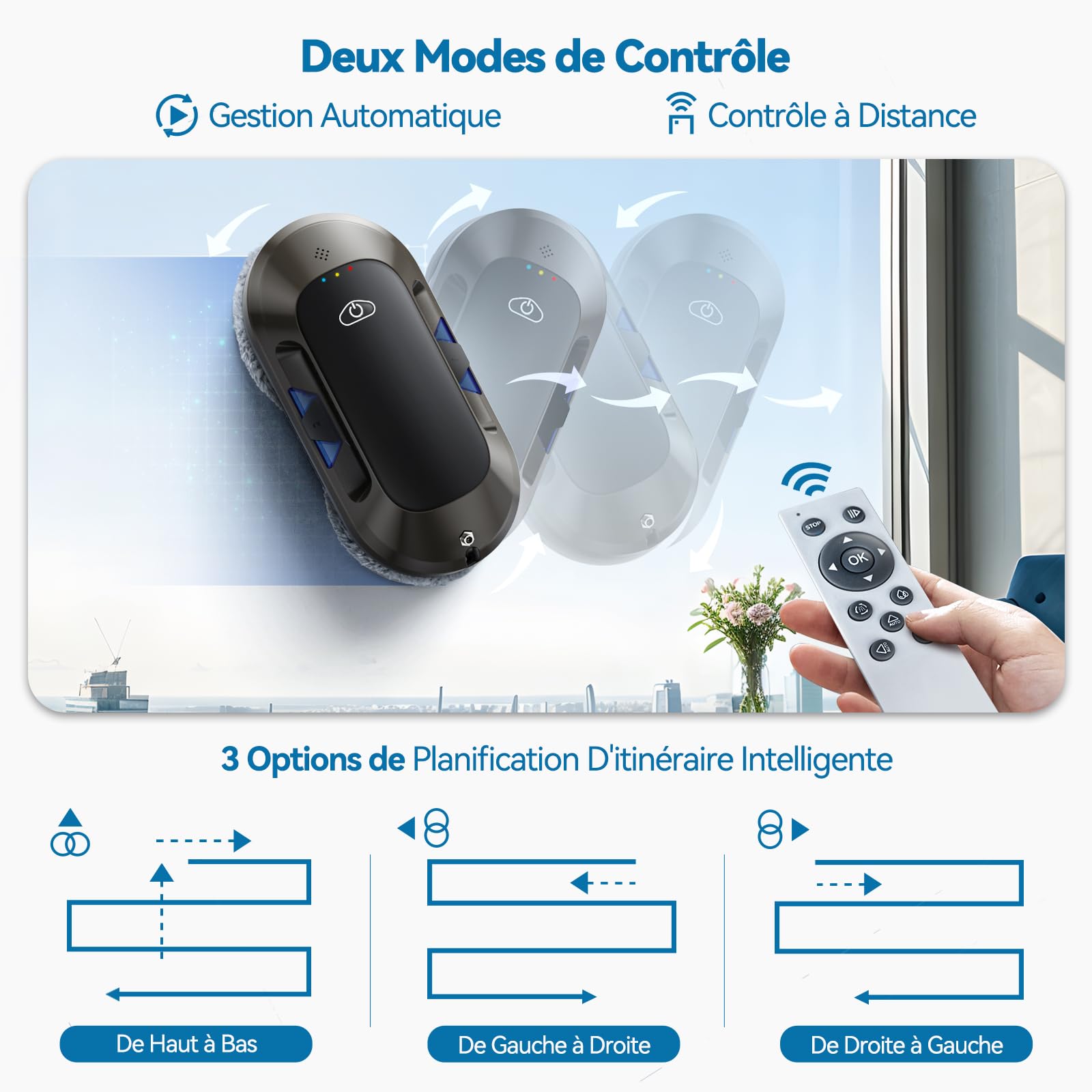 Robot Laveur de Vitre, 6500Pa Robot Nettoyeur de Vitres Automatique, Fonction Vaporisation, 3 Modes, Navigation Intelligente, Détection Bords, 10 Lingettes, pour Un Entretien Efficace des Vitres
