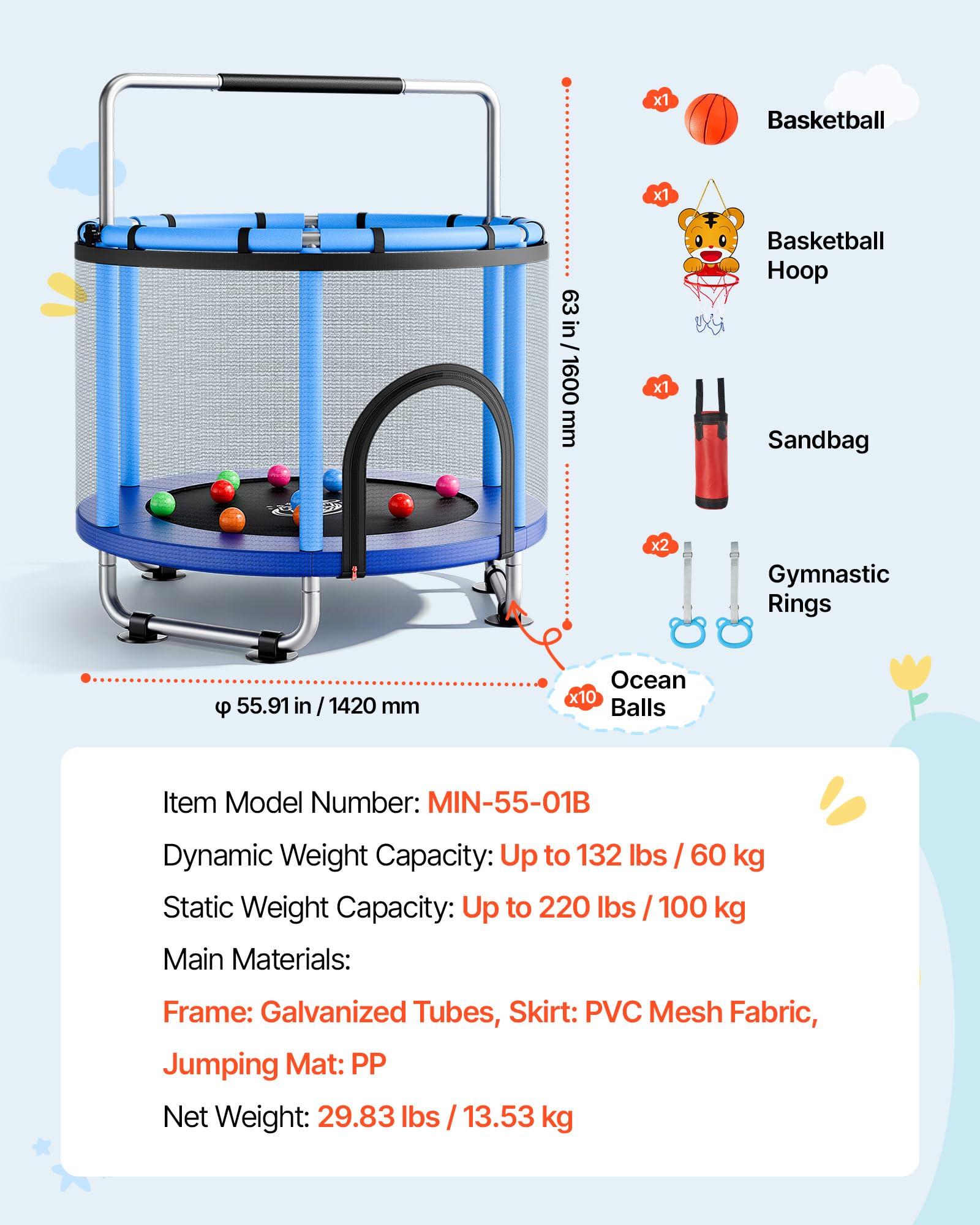 VEVOR Trampolino Elastico per Bambini Rete Protezione 142 cm Carico 60 kg, Trampolino Giocattolo Esercizio Divertimento per Bambini da Interno Esterno Barra Regolabile Tappeto Integrato in PP