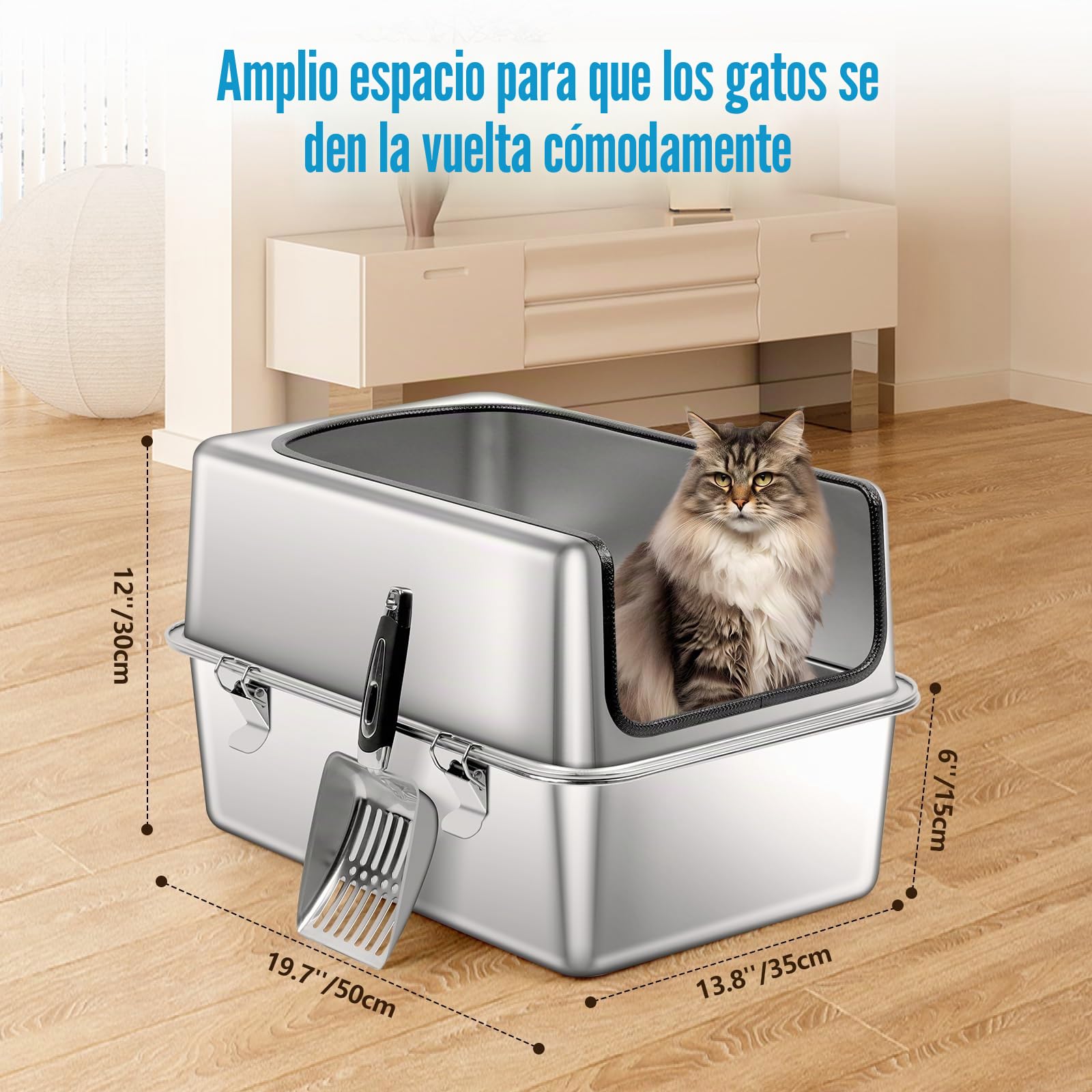Caja de Arena para Gatos de Acero Inoxidable, 19.7''x13.8''x12'' Grande Medio Cerrado Bandeja de Metal extraíble con Carcasa de Alta página, Pala, antifugas, no pegajoso, fácil Limpieza
