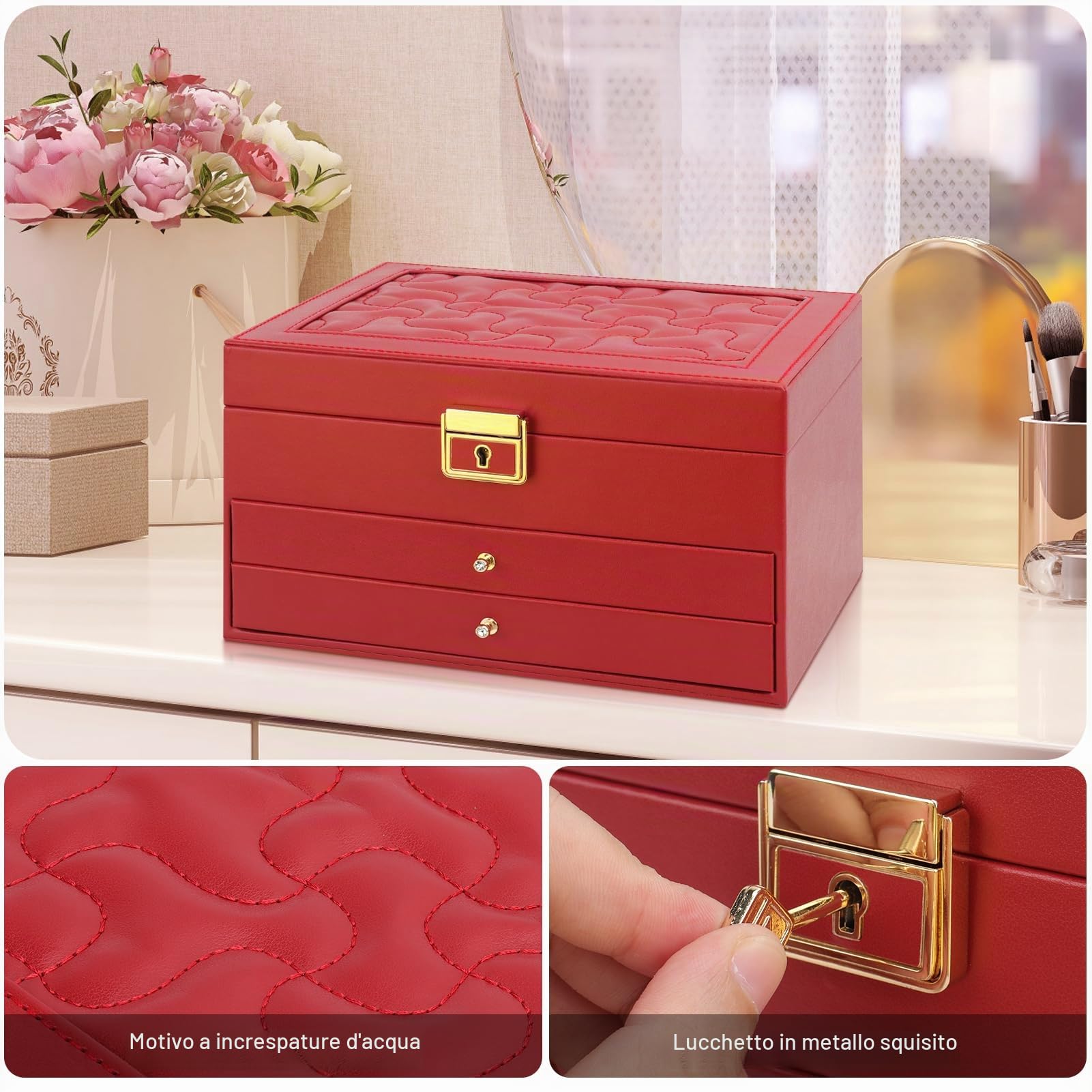 DesignSter Portagioie in pelle con serratura, 2 cassetti, 3 strati custodia per collane, orecchini, bracciali, anelli - rosso