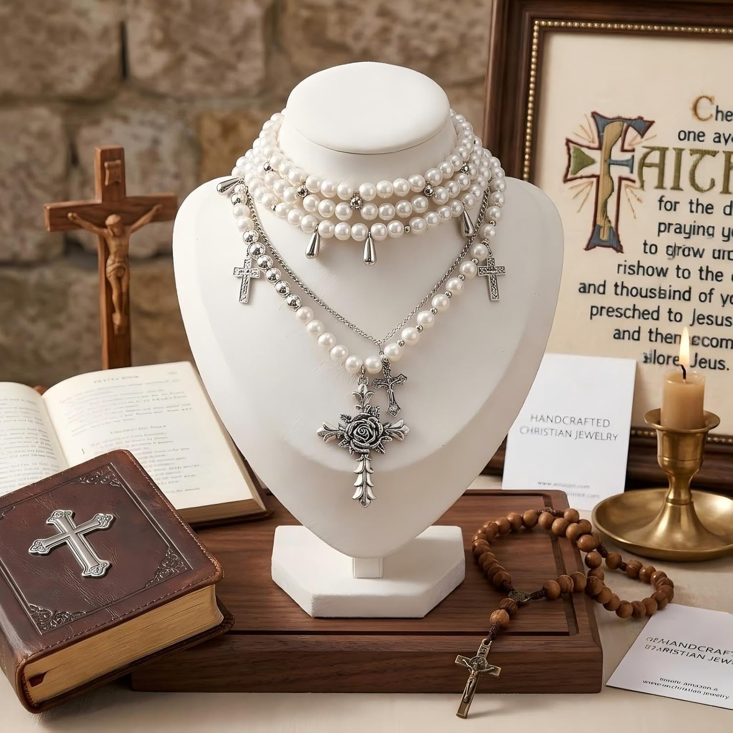Layered Faux Pearl Cross Choker Necklace for Women, Silver-Tone