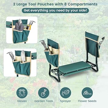 COSTWAY Folding Garden Kneeler and Seat, 2-in-1 Portable Kneeling Stool with 1/2 Tool Pouches and EVA Foam Pad, Gardening Bench Chair for Seniors (20cm Width Pad, 2 Pouches)