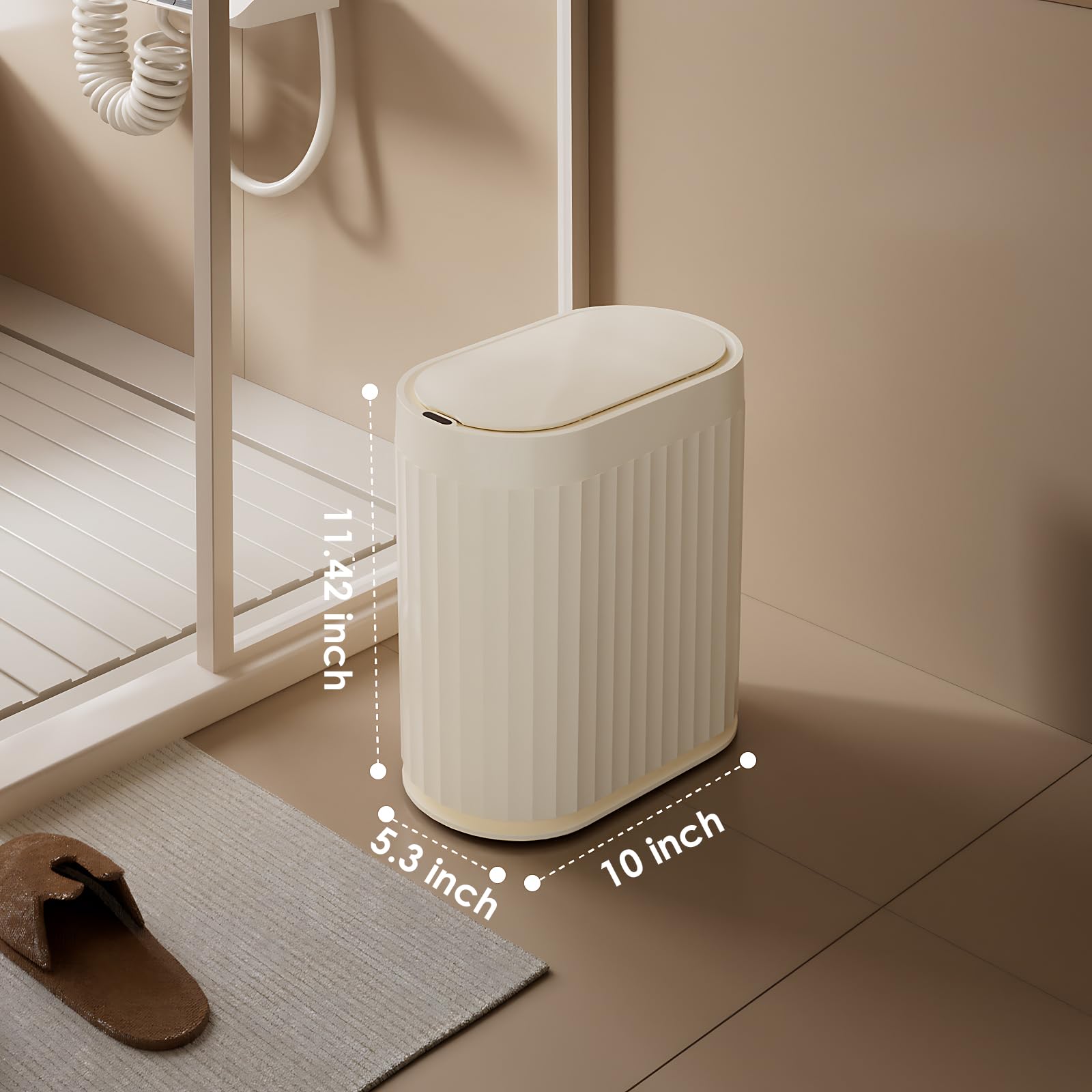 ELPHECO Touchless Motion Sensor Dustbin with Slow Descent | 10 Litres | Odour Seal Waterproof Trash Can for Bathroom, Bedroom, Kitchen, Office (White Gold Rounded)