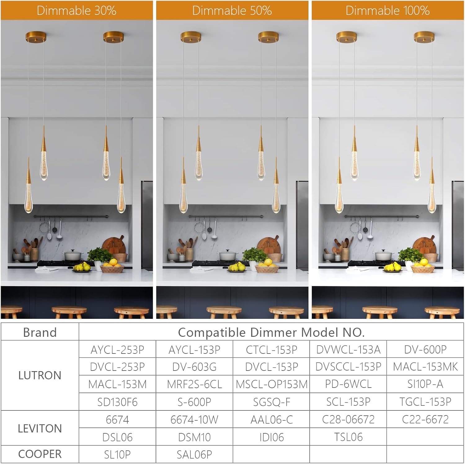 Luces colgantes Lámparas de cocina LED regulables Lámpara colgante dorada moderna Mini iluminación colgante de cristal en forma de lágrima for cocina, isla, dormitorio, pasillo, entrada (2 l