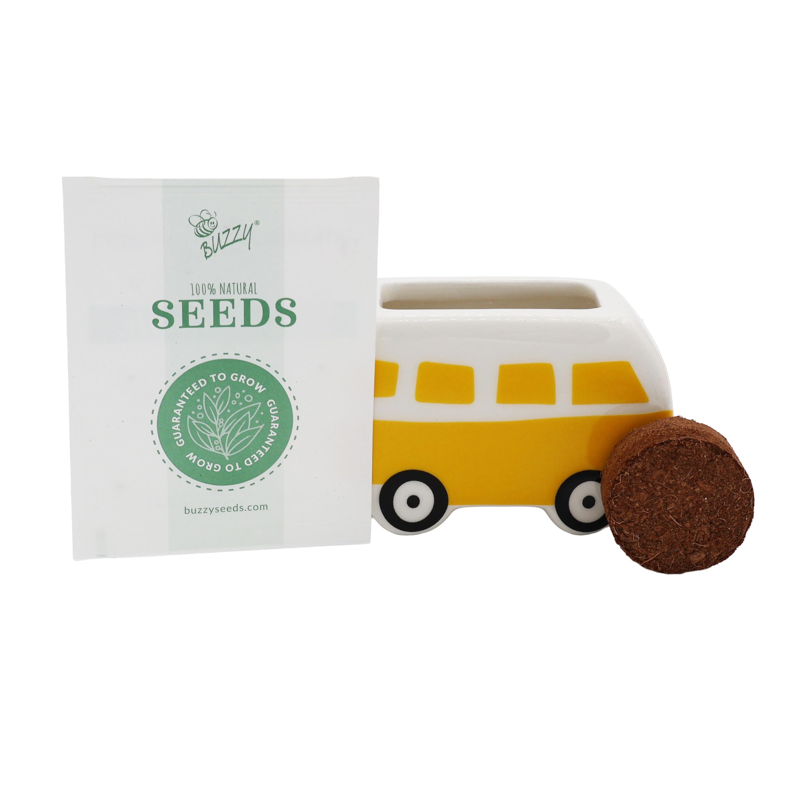 BUZZY Samen-Mini-Blumenbus-Anbauset aus Keramik, 4 Stück, Bus-Keramik-Pflanzgefäß, komplettes Gartenset für drinnen und draußen, mit Samen, Kokosnussschalen-Wachstumsmedium und echten Töpfen