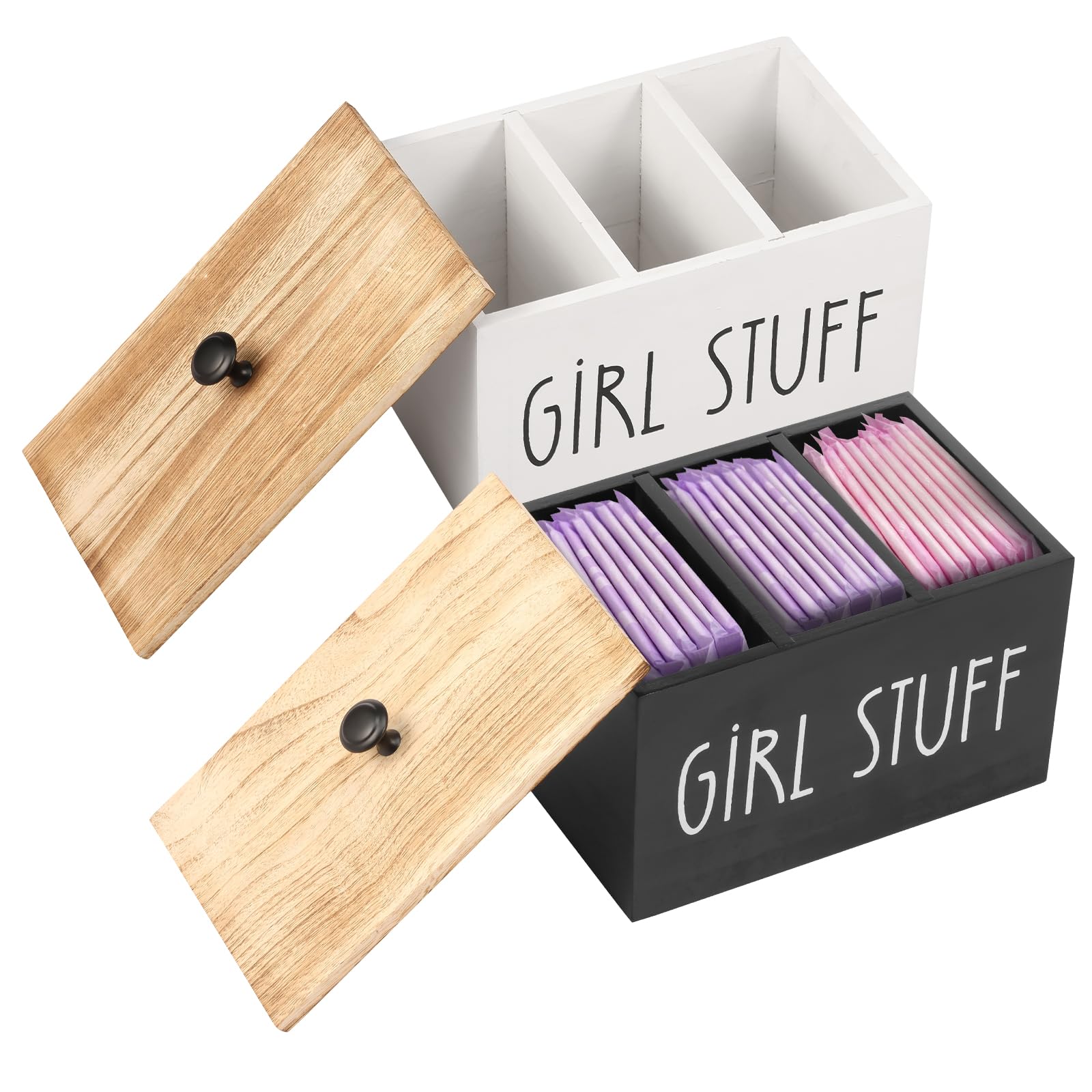 Yunyouc Women's 2Pcs Tampon Holder For Bathroom, Versatile Tampon Storage Pad Organizer, Wood Period Box, Rustic Pad Storage Container With Lid, Feminine Products Caddy, Period Organizer For (2Pcs)