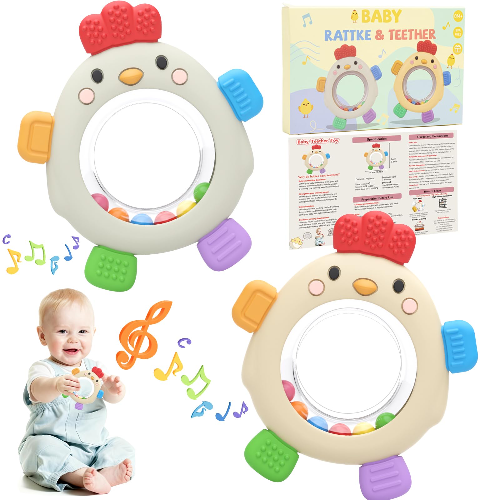 Pack de 2 Mordedor Bebe con Sonajero, Silicona sin BPA, Fácil de Agarrar, Alivio de Dentición, Juguetes para Bebés 0-3-6-12 Meses, Regalo para Niño y Niña