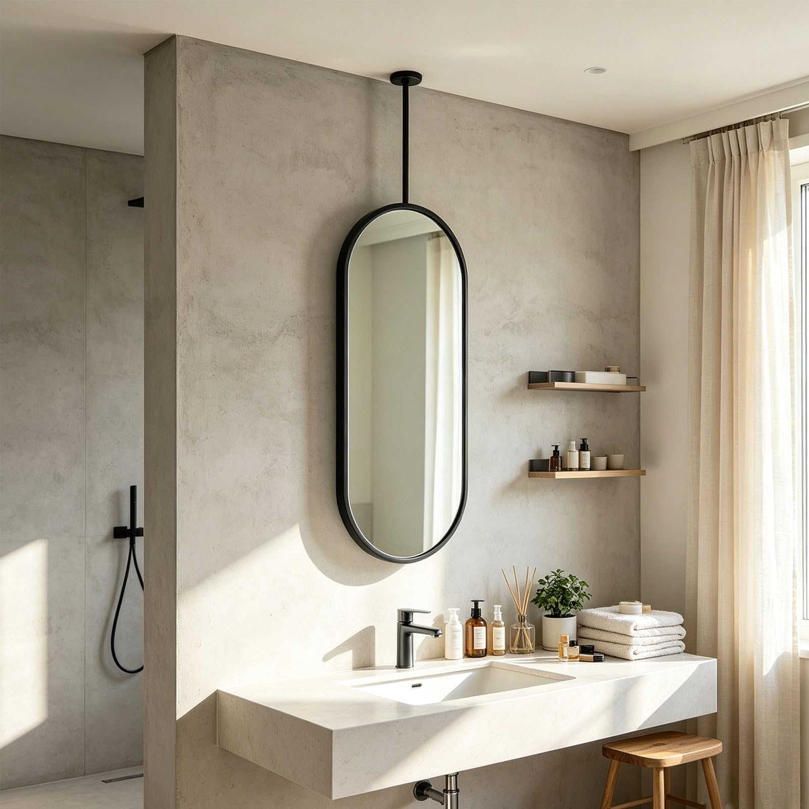 Miroir incassable ovale suspendu au plafond de la maison ou de l'hôtel | Miroirs suspendus simples et élégants,décoration murale,avec cadre et flèche en acier inoxydable brossé(50cmx60cm)