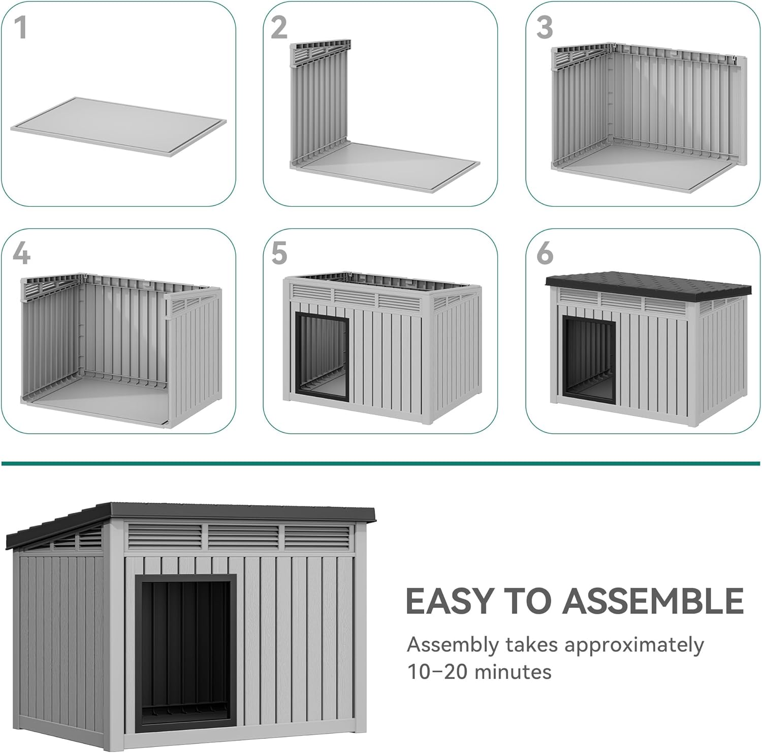 YITAHOME Plastic Dog House, Indoor & Outdoor Dog Kennel with Lift-Up Sloping Roof, Waterproof & Ventilated for Small to Medium Dogs, Easy to Clean Design, Gray