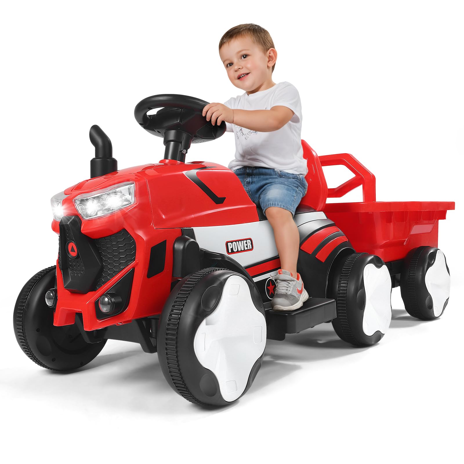 2 in 1 Electric Tractor with Trailer, LED Lights, Music, USB Functions, Load Capacity: 50 kg, for Children from 1-3 Years Old (Red Tractor)