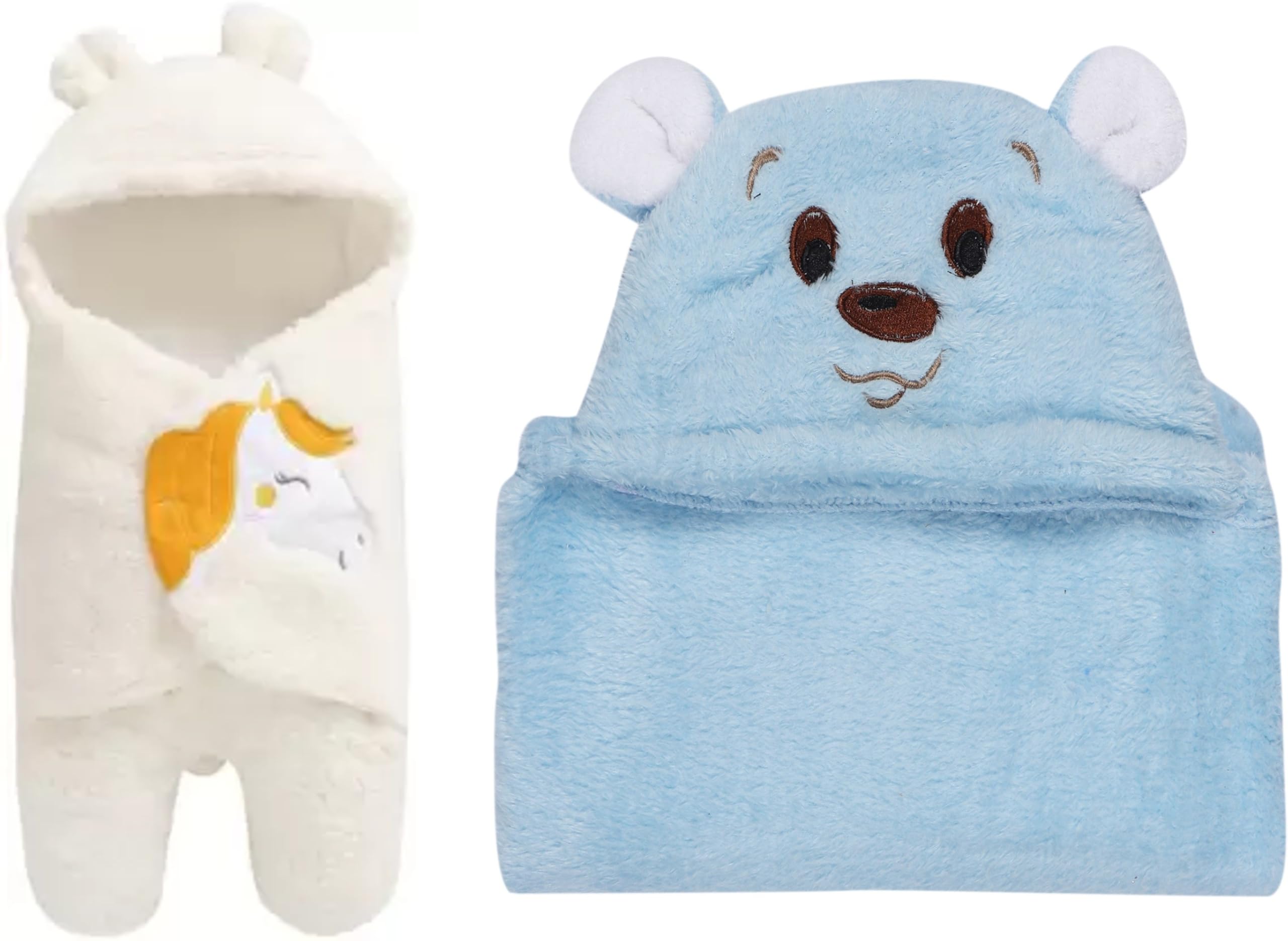 Printed Single Hooded Baby Blanket for Heavy Winter (Microfiber, White, Blue)