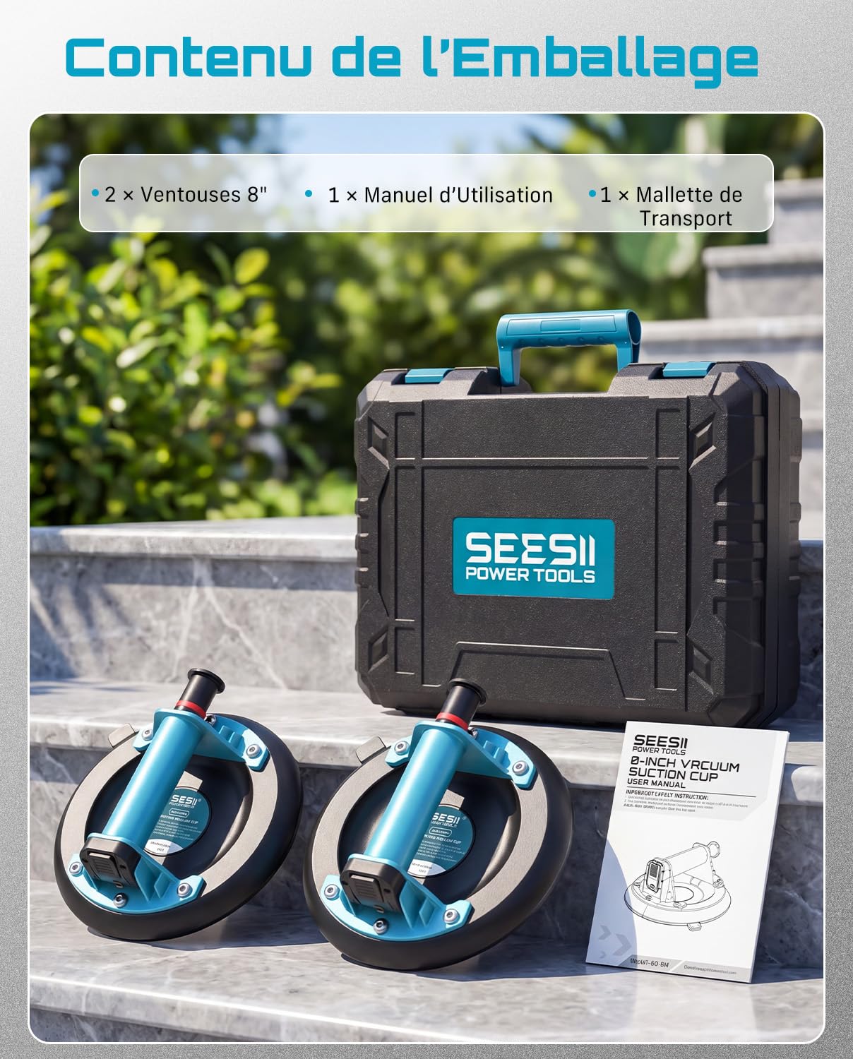 SEESII Ventouse Carrelage, 2 Pièces 8" Ventouse Vitre Professionnelle avec Pompe ABS + Poignée, Charge 200 KG, Ventouse de Levage pour Pierre, Granit, Fenêtres et Tôles Métalliques