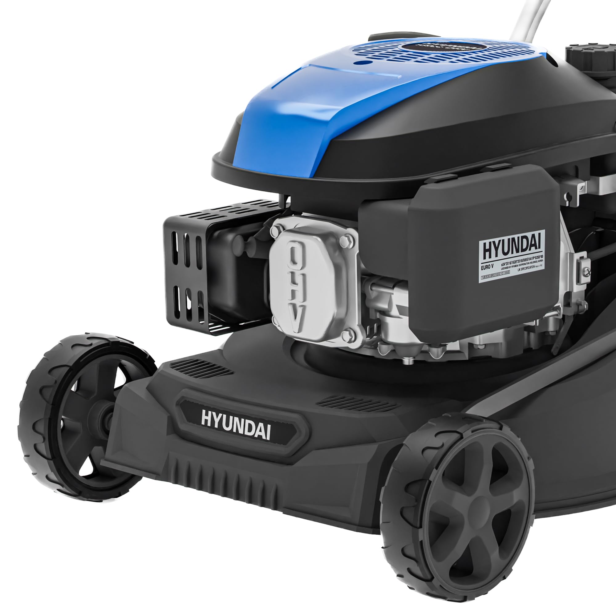 Hyundai Cortacésped de Gasolina, 16 Pulgadas de Ancho de Corte de 39 cm, Motor de 131 CC, Bolsa de Recogida de 35 L y Descarga Trasera, Empuje Manual, edición Negra