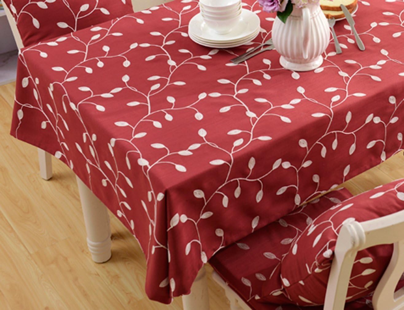 Tina's Cotton Linen Tablecloth Leaf Embroidered Table Cover for Dinner Kitchen Red, 39"x55"