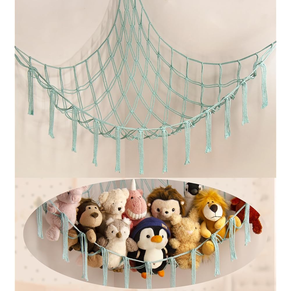 Stuffed Animal Hammock-Large Stuffed Animal Net For Toys Corner-Hanging Stuff Animal Toy Storage Organizer For Plush Plushie Display Light Blue Girl Room Bedroom Boho Nursery Decor Toy Storage