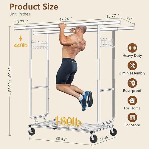 Miniatura 9 de Hoctieon Perchero para ropa de doble varilla, montaje en 2 minutos, estante resistente con ruedas, plegable para uso comercial, barra colgante