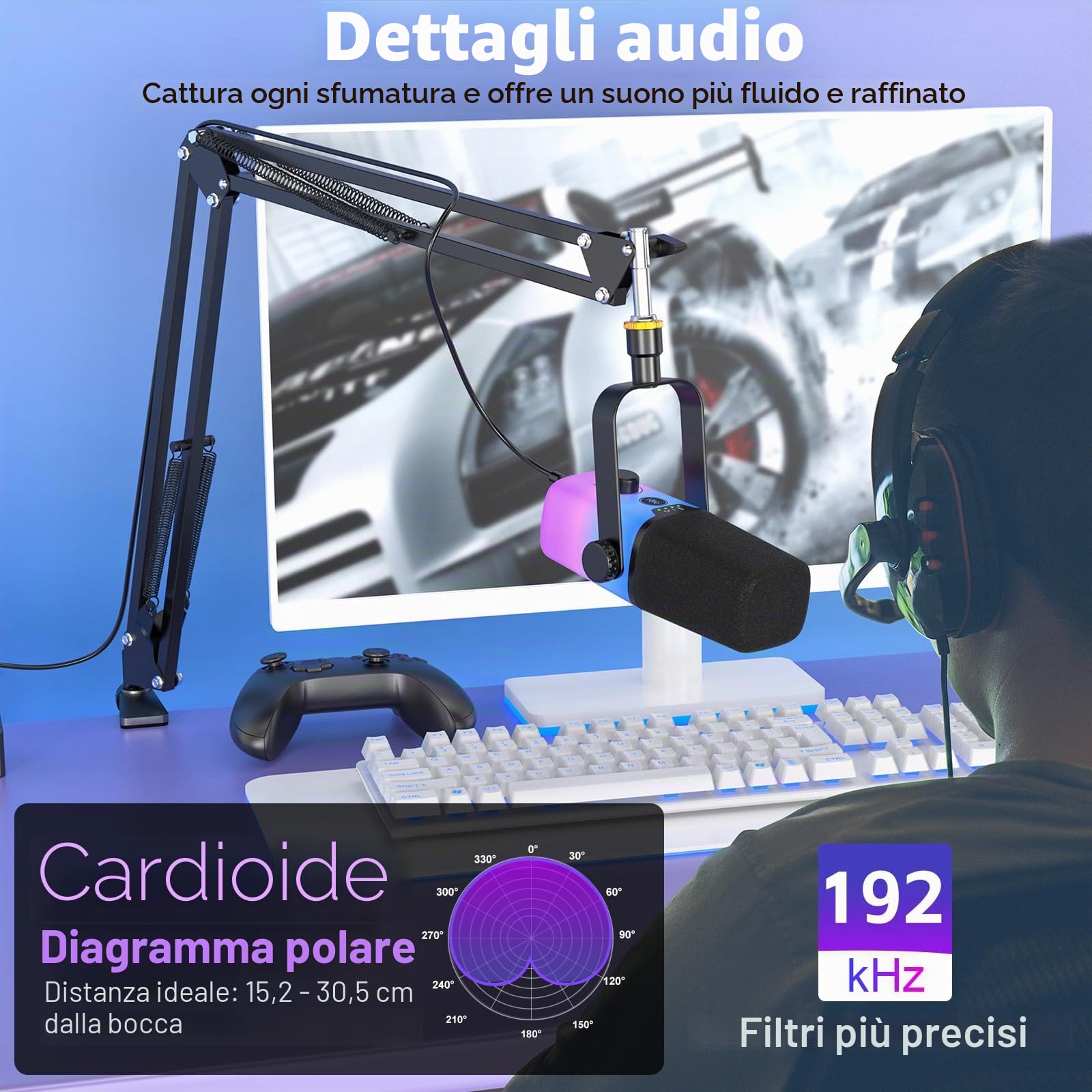 zealsound Microfono PC, Microfono USB per telefono tablet con RGB per streaming podcast, registrazione, ASMR, microfono per computer con cancellazione del rumore, pulsante mute, supporto per braccio
