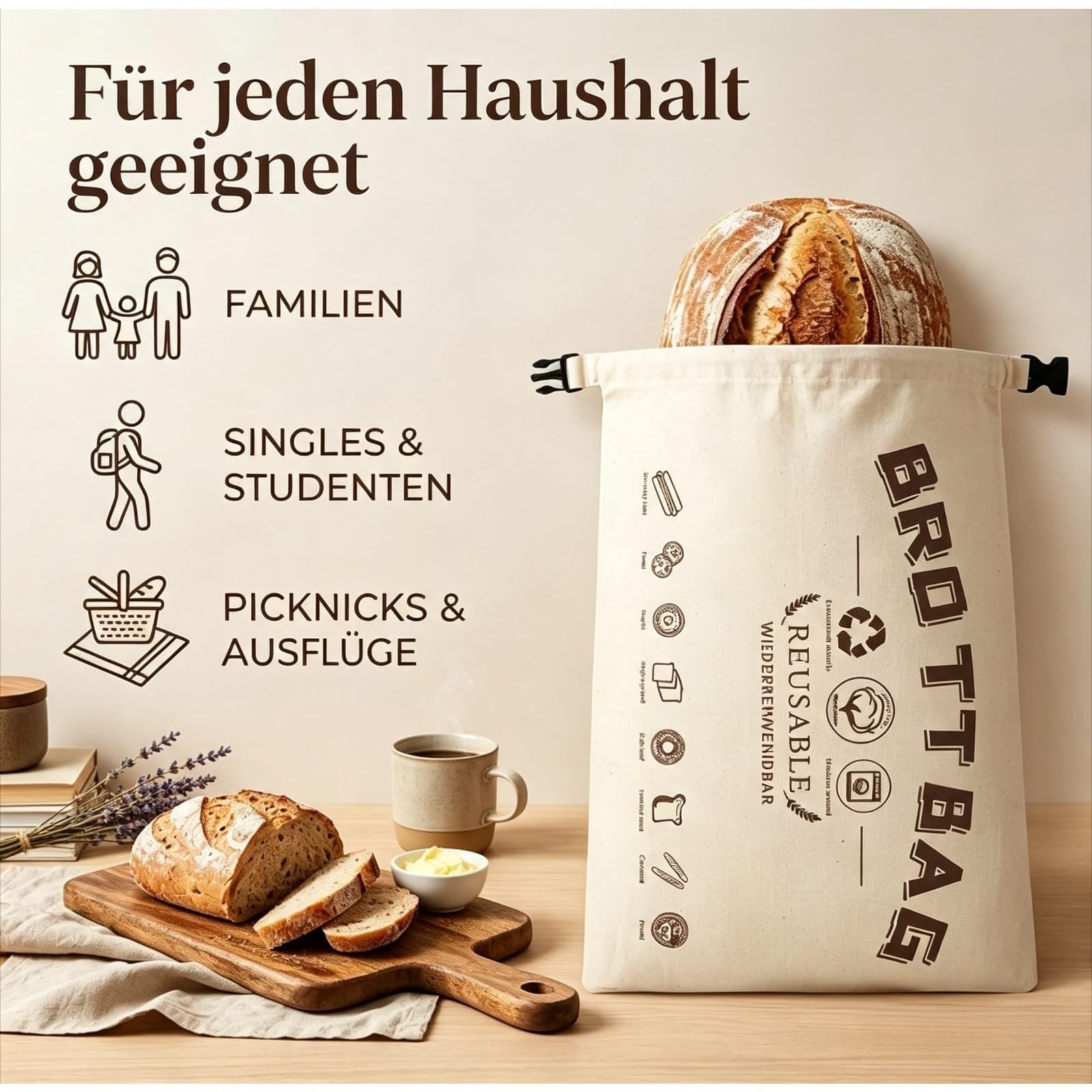 Bienenwachsbeutel, Wiederverwendbare Brotbeutel Aus Baumwolle, Zur Frischhaltung Von Brot Und Backwaren (Weiß,2pcs)