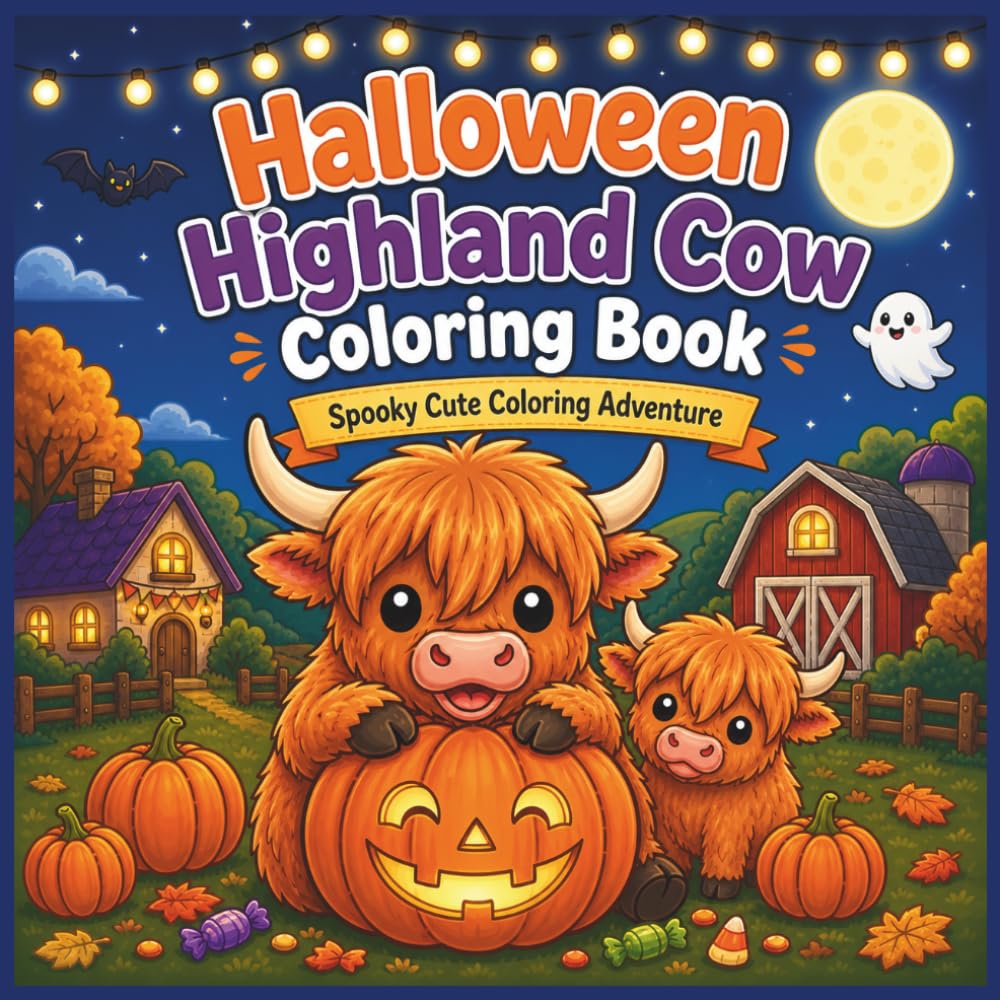 Halloween Highland Cow Coloring Book: Creepy Cute and Spooky Fun with Friendly Cows, Pumpkins, and Autumn Scenes