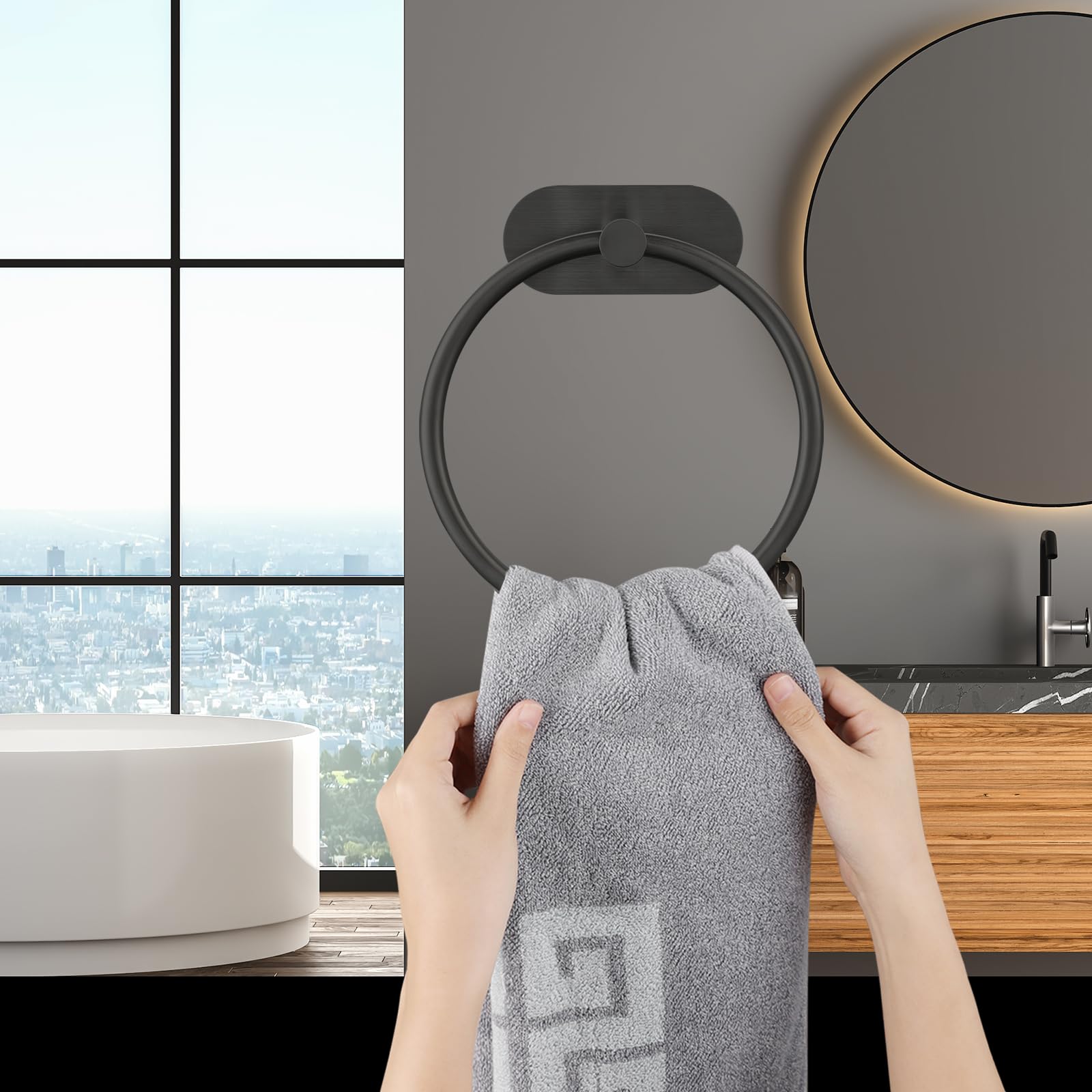 Juego de 2 Anillos de Toalla autoadhesivos para Cuarto de baño, Cocina, con Adhesivo Fuerte, sin taladrar, de Acero Inoxidable, antioxidante, Organizador Moderno de baño de Negro