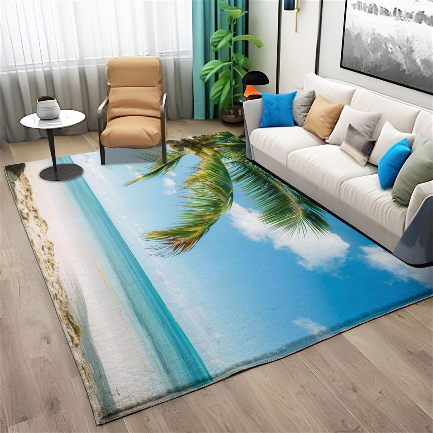 Teppich Wohnzimmer 80x150 cm Meerblick 3D Teppich Natürliche Tropen Küche Esszimmer Schlafzimmer Teppich Kurzflor rutschfest Waschbar Teppiche Weich Pflegeleicht Y9454