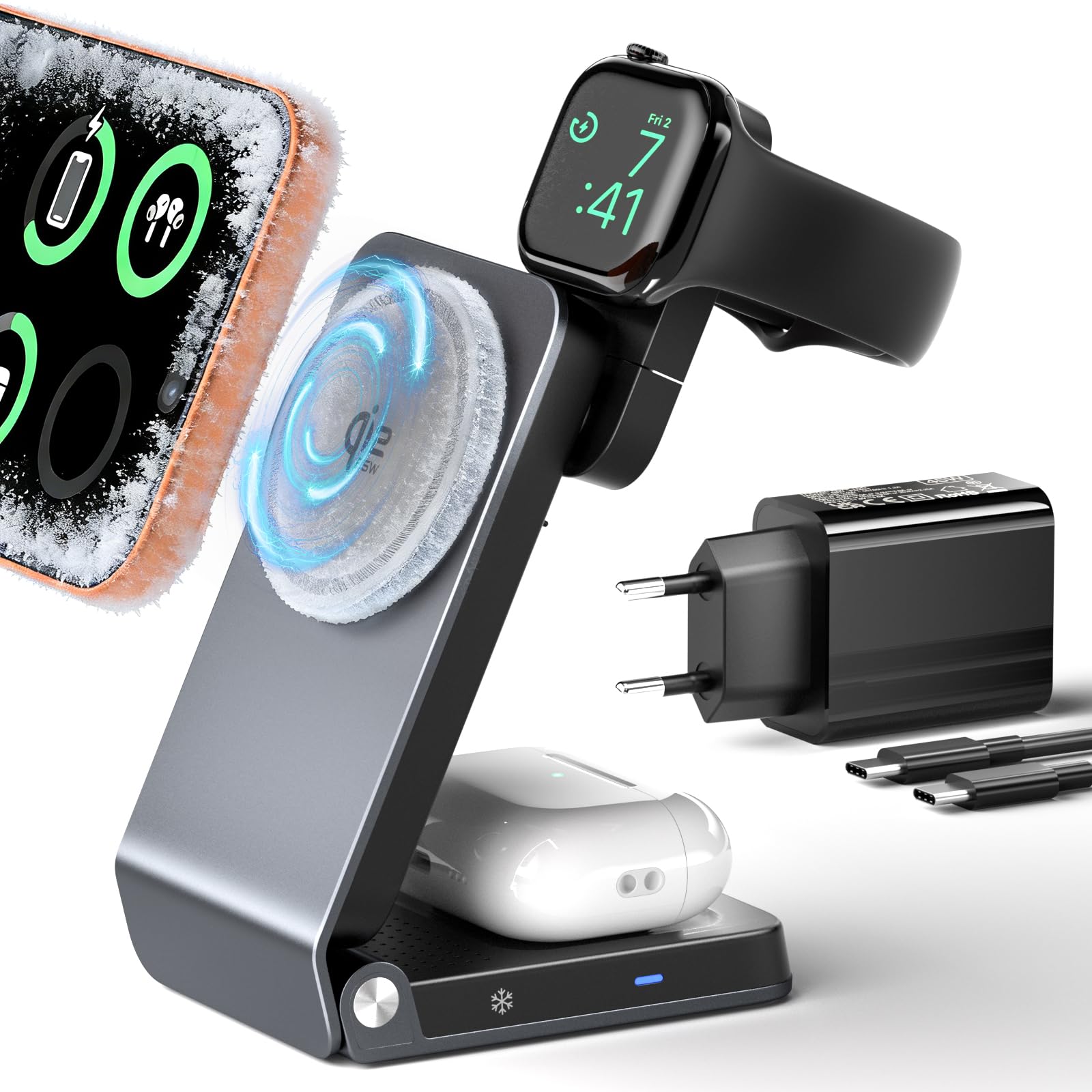 3 in 1 Caricatore Wireless Magnetico per Qi2.2 25W [Adattatore 45W] Compatibile con MagSafe iPhone17, Apple Watch, AirPod, Supporto di Ricarica Wireless Portatile e Pieghevole per i Viaggi