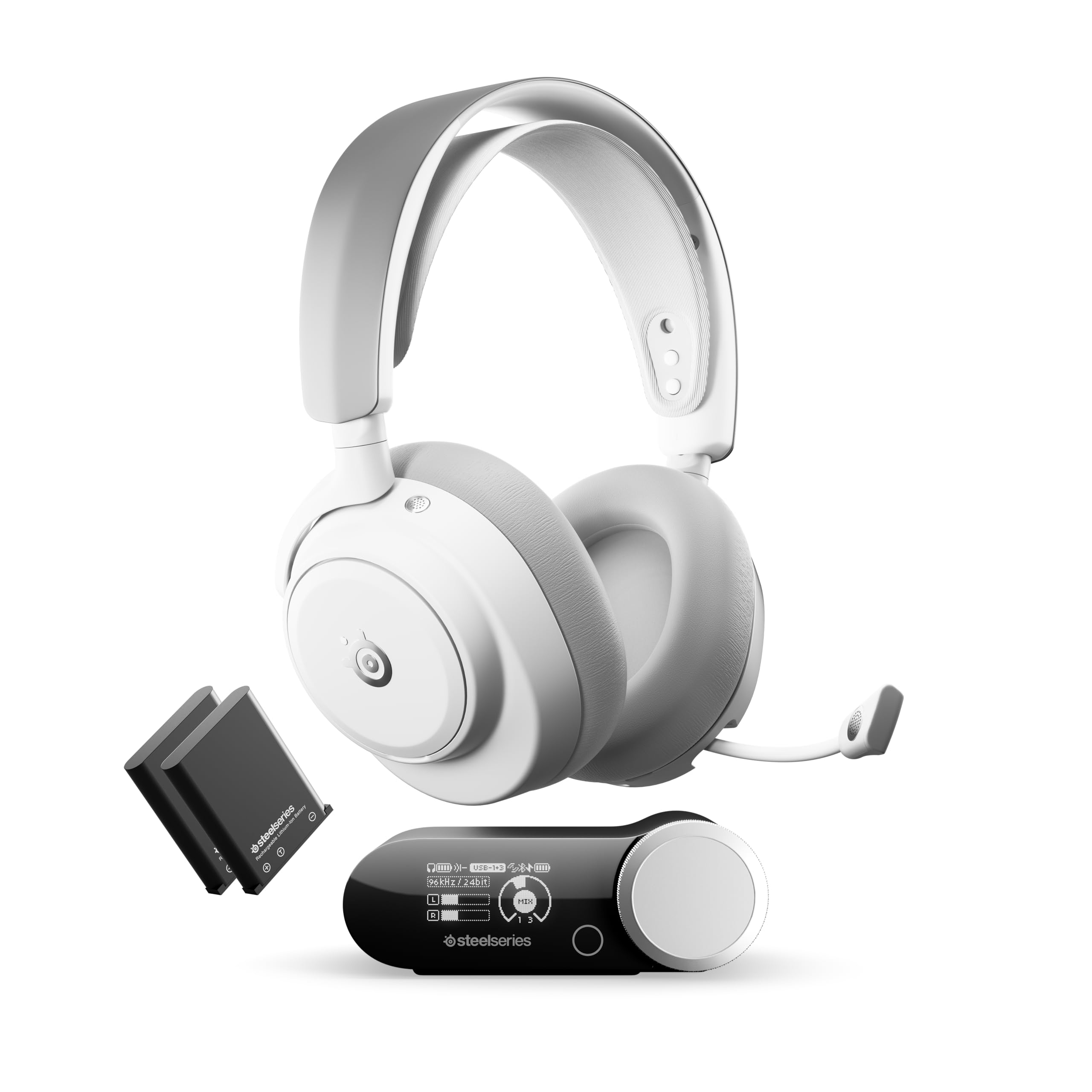 SteelSeries Arctis Nova Pro Omni – Bezprzewodowy dźwięk Hi‑Res, 96kHz/24bit, ANC, mikrofon ClearCast Pro, redukcja szumów AI, aplikacja mobilna, Mix 2,4GHz + BT, OmniPlay PC+PlayStation+Xbox – Biały