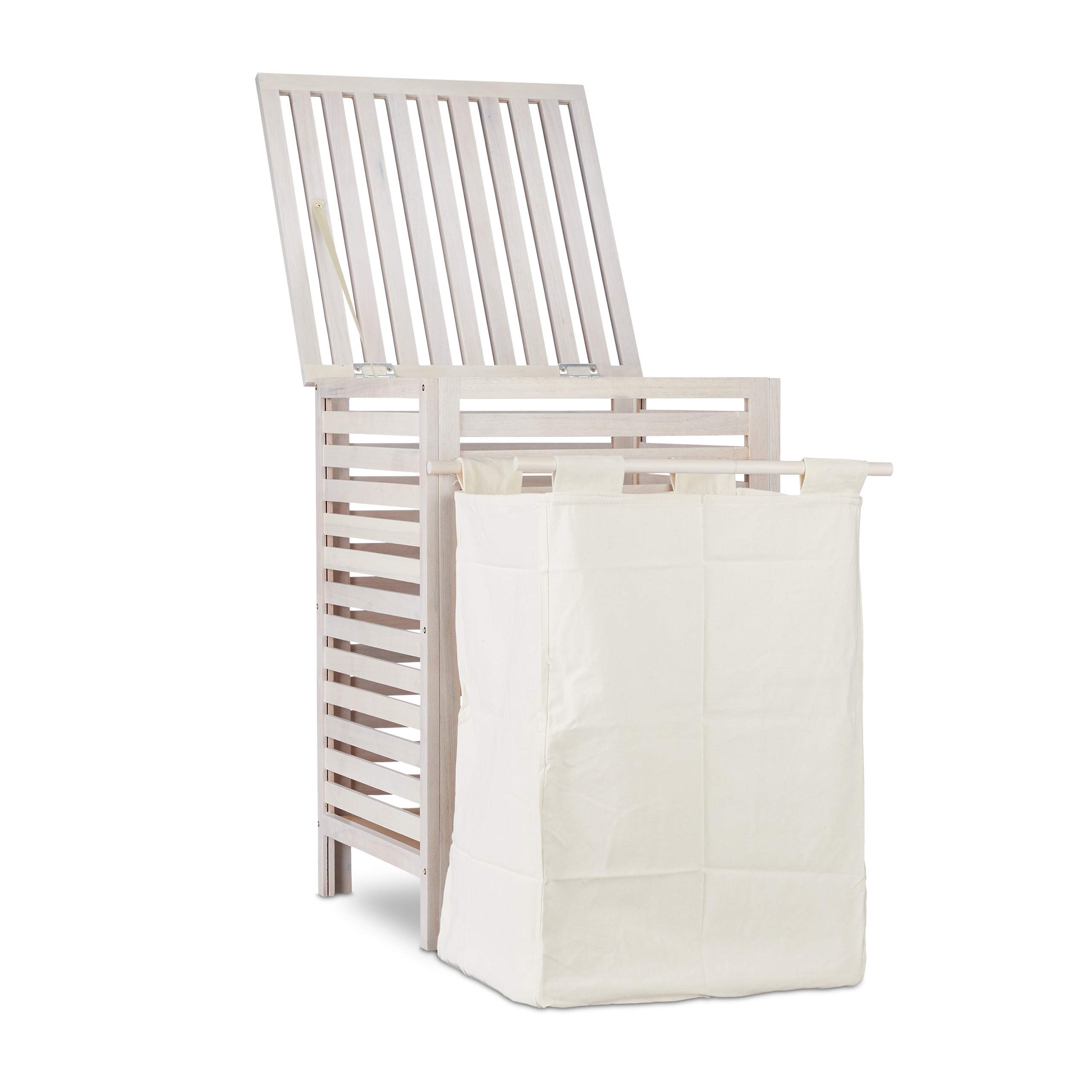 Relaxdays Cesto Ropa Sucia Hecho de Madera de Nogal con Tapa, Cubo Colada con Saco Lavable 52 l, 65,5x45x45 cm, Blanco