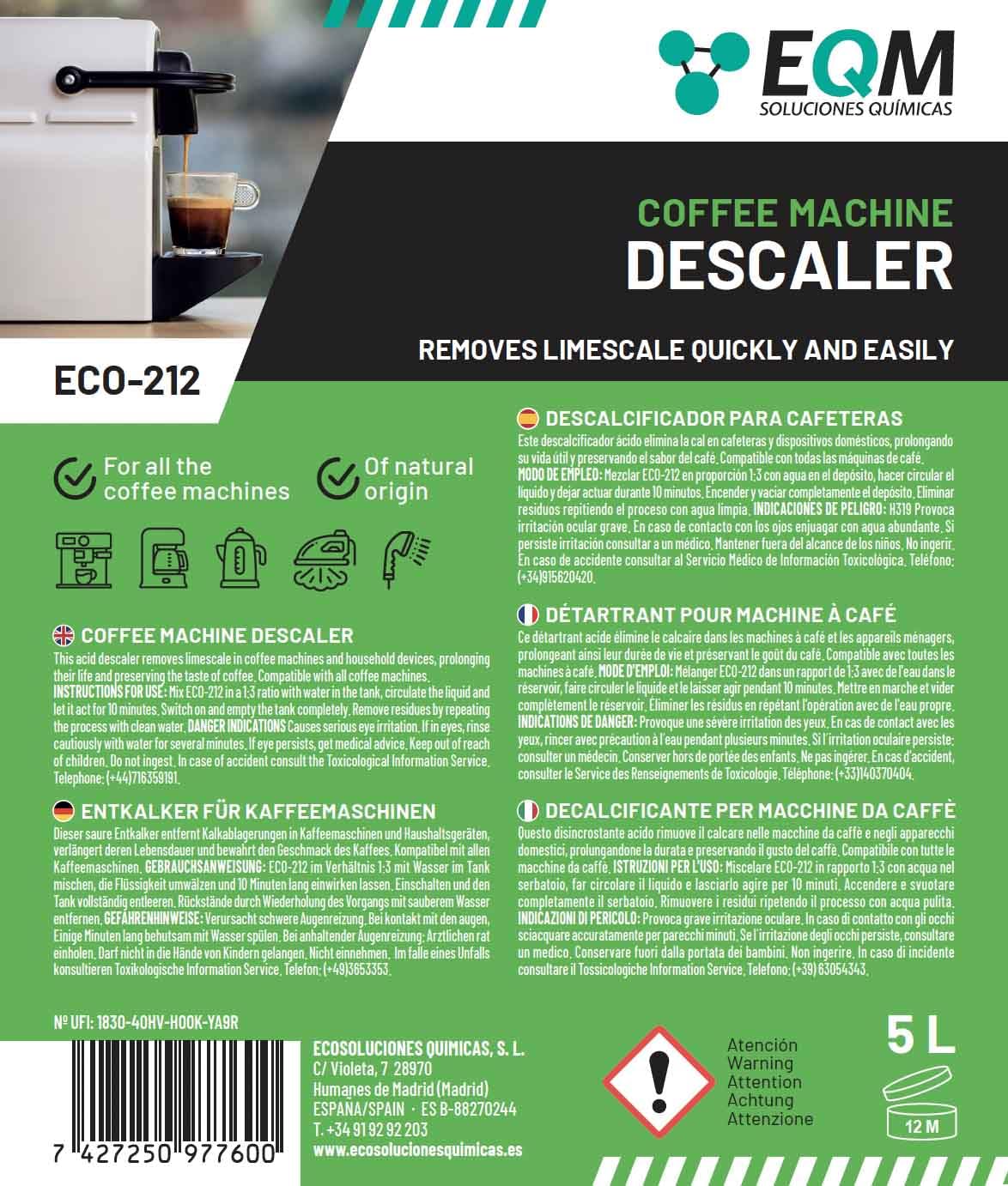 EQM Decalcificante per Macchine da Caffè 5L - 100% Origine Naturale - Compatibile con Tutte le Macchine da Caffè