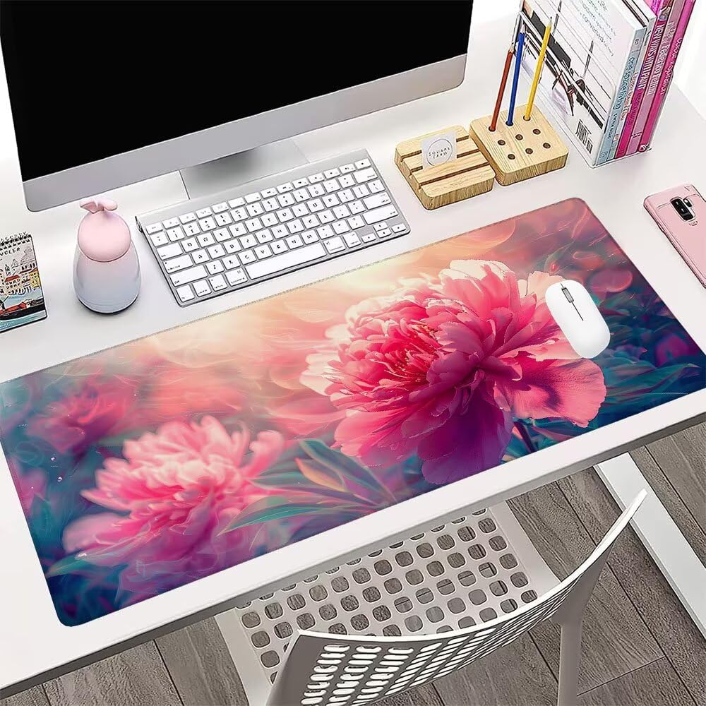 Tappetino Mouse Gaming xxl Accessori Scrivania Ufficio Rosa Fiore Grande Tappetino Mouse e Tastiera Sottomano da Scrivania, Gaming Accessori pc 1200x600x3mm Base Antiscivolo, per PC Laptop d-256