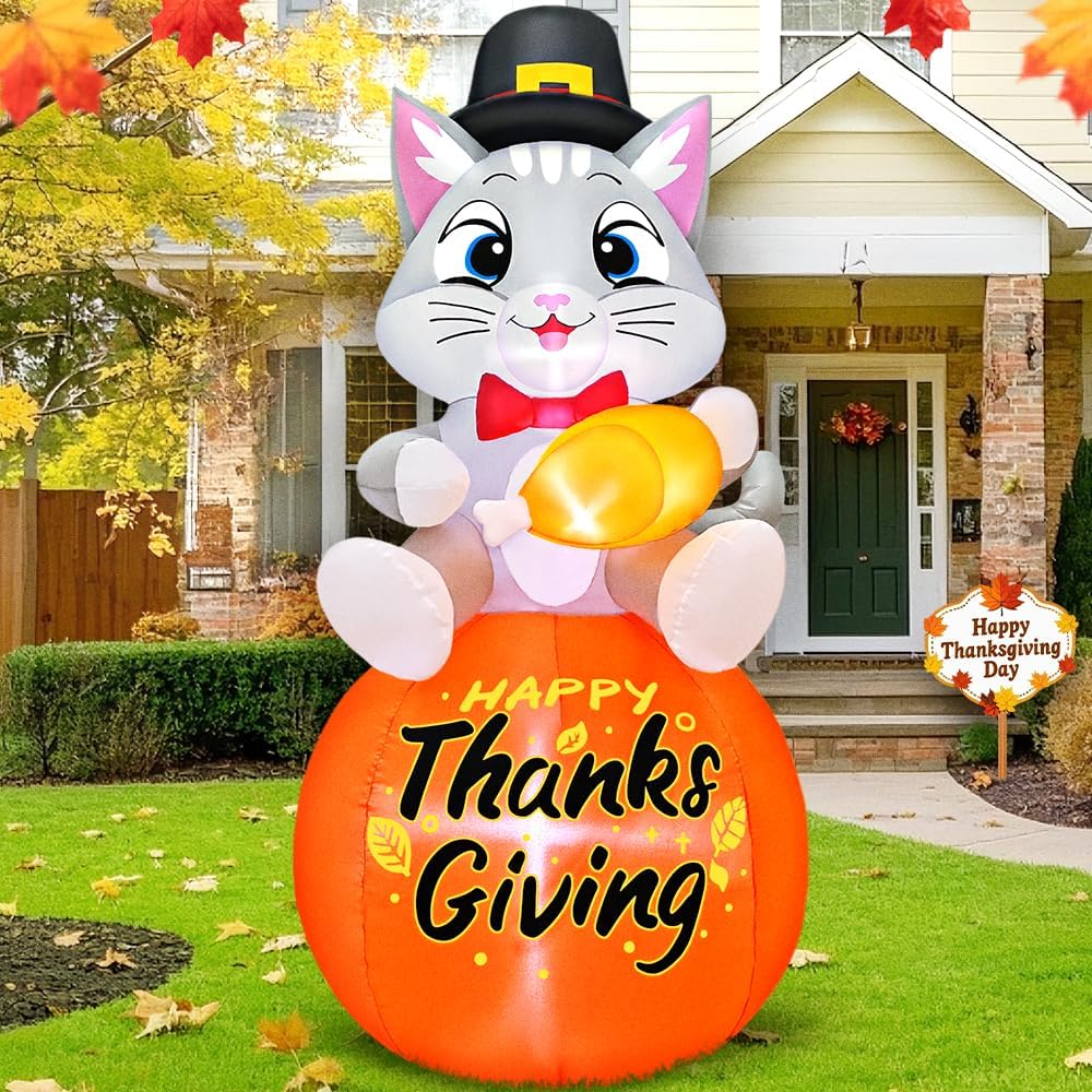 5FT Thanksgiving Inflatables Outdoor Decoration Inflatable Cat Sits on Pumpkin, Built in LED Lights Blow Up Yard Decorations for Fall Holiday Party Garden Lawn Décor