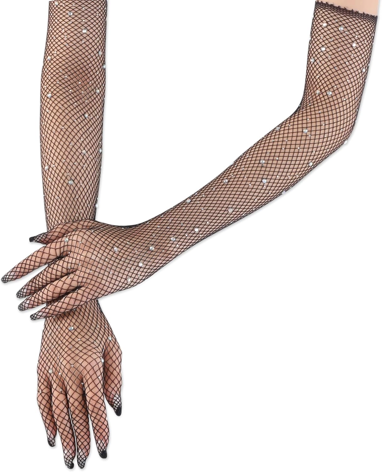 Rhinestone Fishnet Long Gloves for Women - Sparkly Mesh Elbow Length Gloves Party, Halloween, Wedding Glitter Glove - Image 2