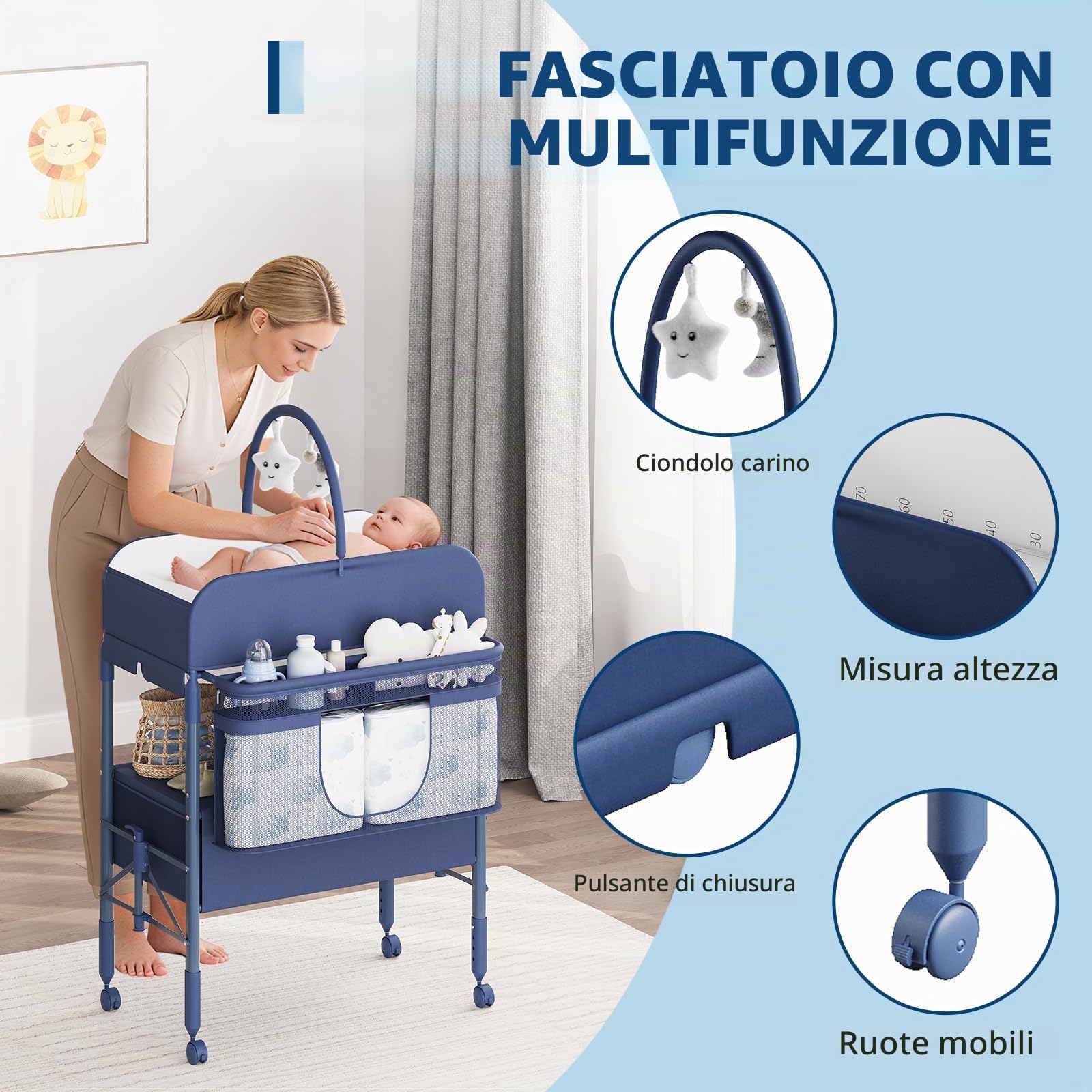 Fasciatoio Pieghevole Portatile Per Neonato, Altezza Regolabile Con Ruote Bloccabili, 2 Cassetti e Piano Impermeabile, Fasciatoio Con Vaschetta Per Bagnetto