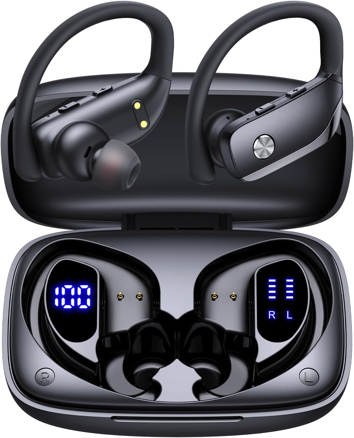 Wireless Earbuds Bluetooth Headphones Over Ear Hooks Ear Buds with 80H Playtime, LED Power Display, Dual Mic Clear Calls, Sports Wireless Ear Buds Bluetooth Earbuds for Running Gym Workout Black
