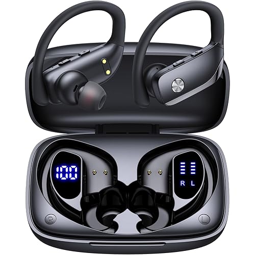 bmanl Wireless Earbuds Bluetooth Headphones Over Ear Hooks Ear Buds with 80H Playtime, LED Power Display, Dual Mic Clear Calls, Sports Wireless Ear Buds Bluetooth Earbuds for Running Gym Workout Black