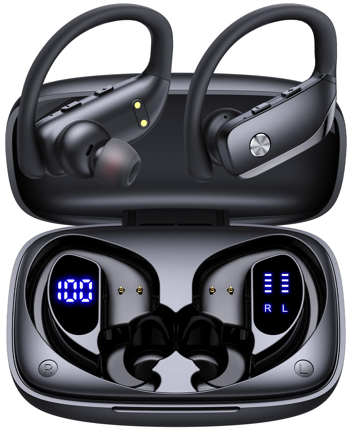 bmanl Wireless Earbuds Bluetooth Headphones 48hrs Play Back Sport Earphones Gym Running with LED Display Over-Ear Buds with Earhooks Built-in Mic Headset for Workout Black