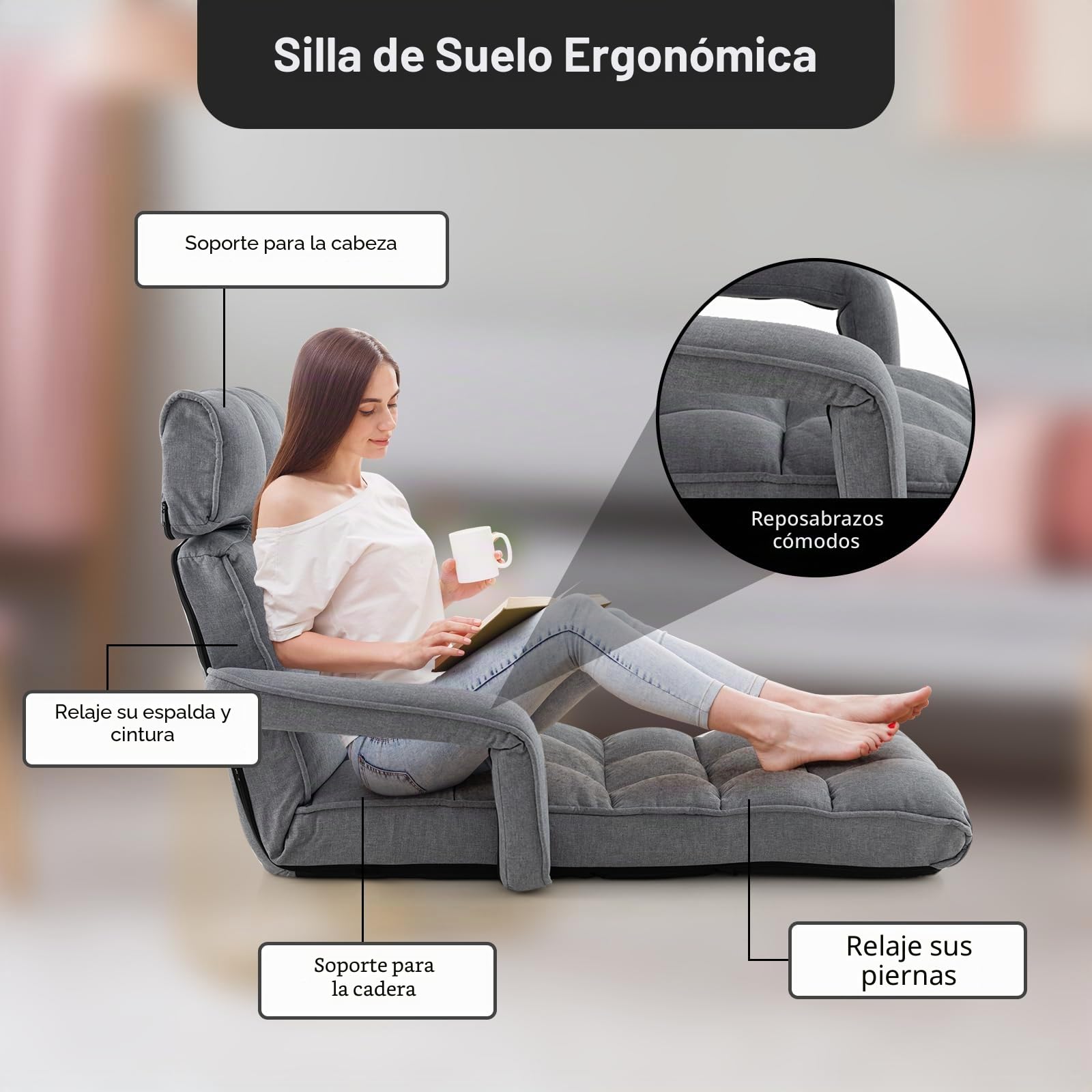 GOPLUS Sillón Relax Reclinable en 6 Posiciones, Sillla Suelo Plegable con Cojín Acolchado, Sofá Orejero Individual para Lectura y Gamer en Dormitorio,196 x 72 x 19.5 cm, Gris (Gris Oscuro)